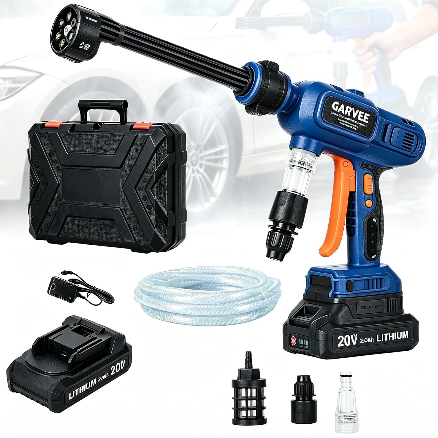GarveeMore Hochdruckreiniger Tragbarer kabelloser 6-in-1 tragbare Puls-Wasserpistole mit Akku, für Auto,Fahrrad,Garten, Bewässerung - Inklusive Schlauch & Koffer