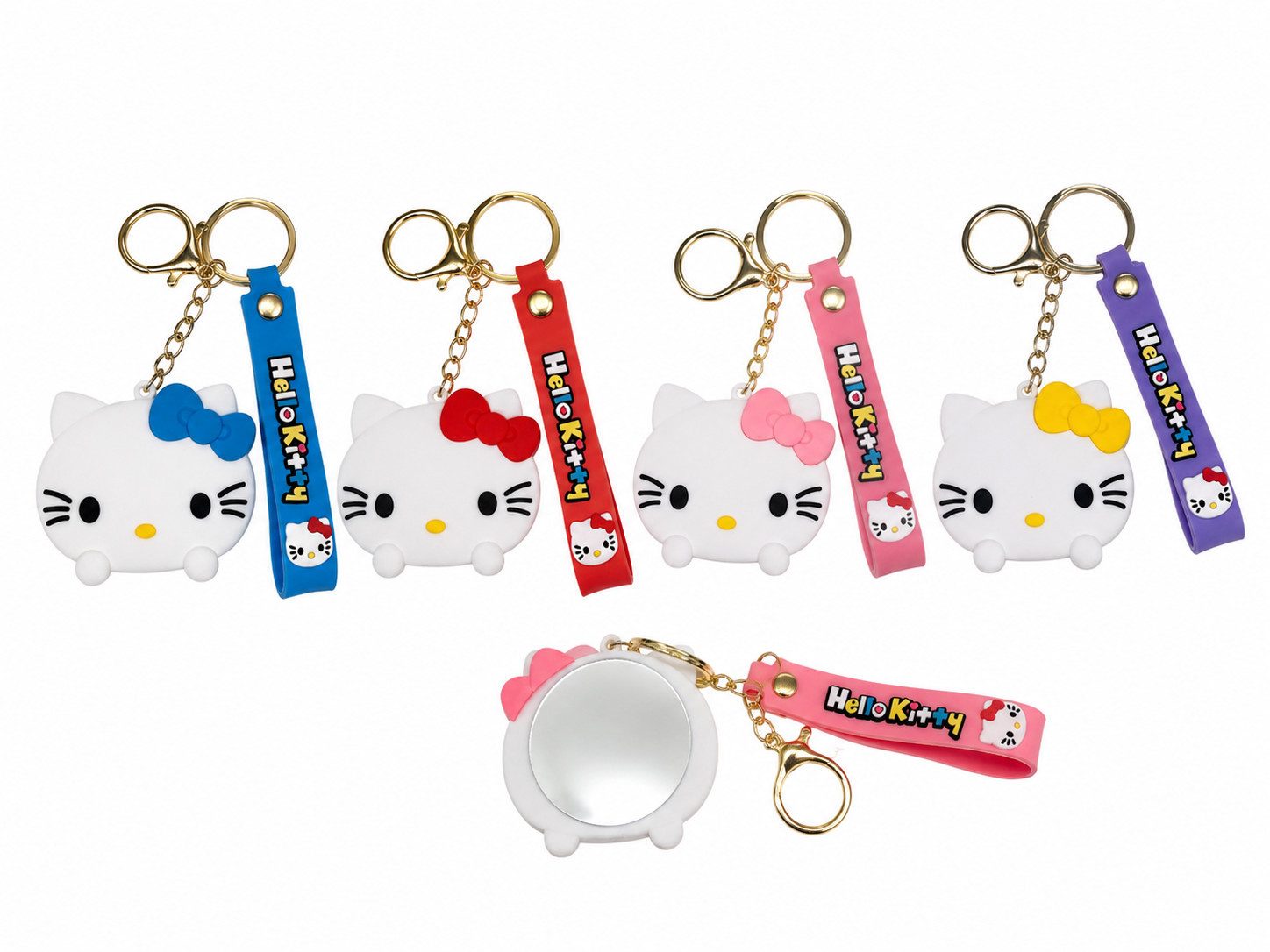GOLDIA GMBH Schlüsselanhänger Hello Kitty Bagclip Rucksack Taschenanhänger mit Kosmetikspiegel (Spar-Set, 1-tlg., Anhänger mit Kosmetikspiegel), mit Spiegel, Karabiner und Schlüsselband, Farbe nicht wählbar