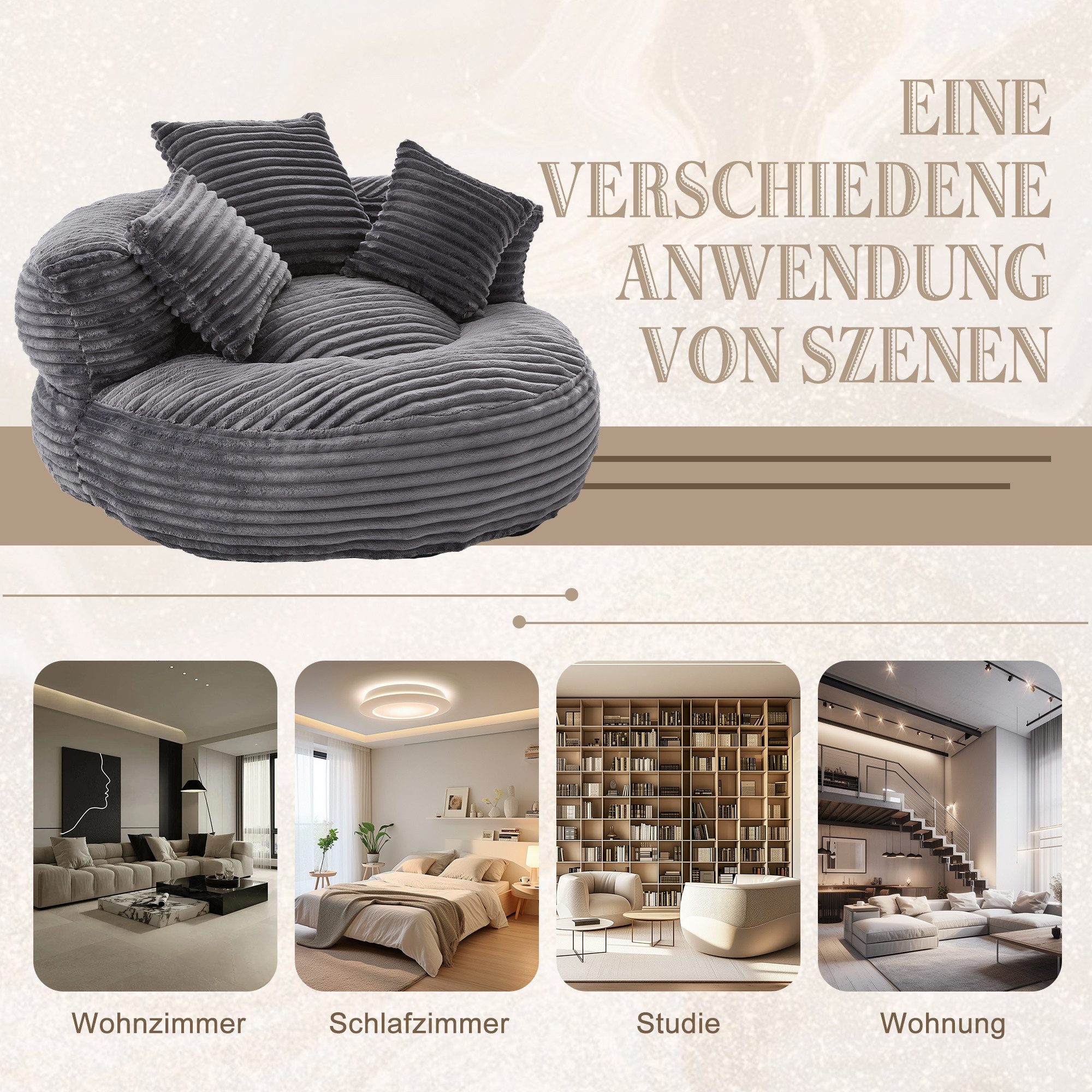 LVHOM Sitzsack 108x108x52cm Chenille Premium Sofa mit 3 extra Kopfkissen (Kuschelig & Atmungsaktiv, Einzelsitzer-Lounge, komplett komprimiert geliefert. Perfekt – Bild 4 von 5