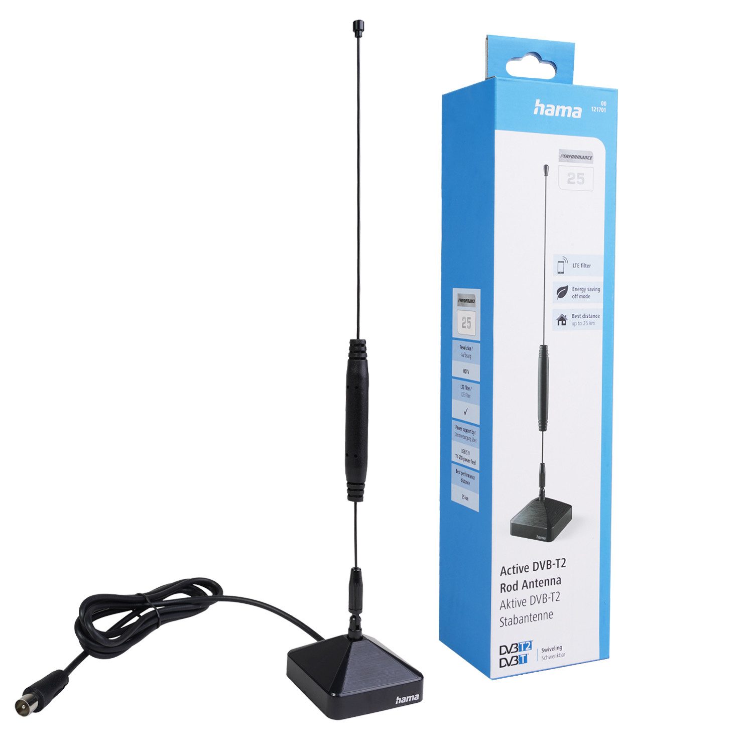 Hama DVB-T2 Aktiv Stab-Antenne 4K FULL HD TV Innenantenne, DVB-T2 Stab-Antenne 4K FULL HD TV Zimmer-Antenne für Receiver Radio