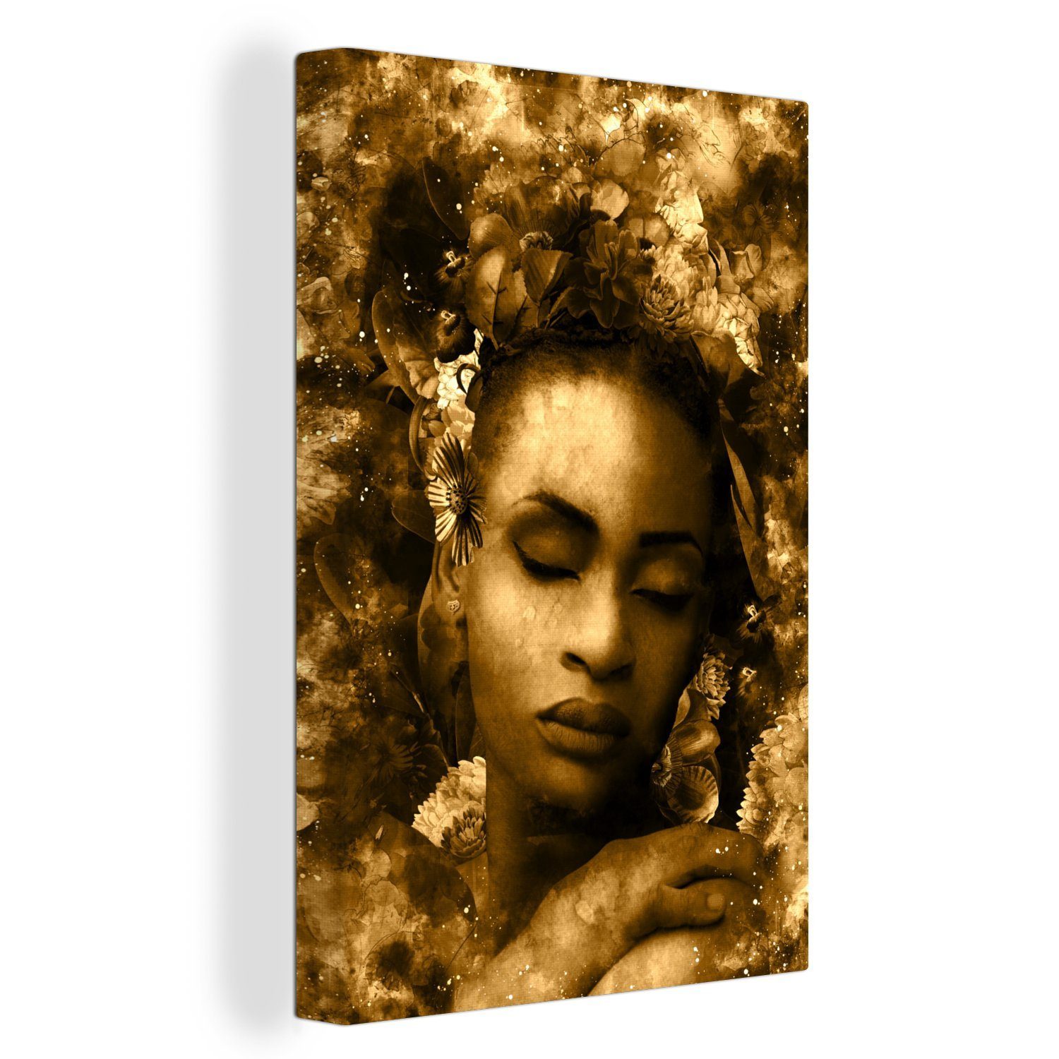 OneMillionCanvasses® Leinwandbild Frau - Blumen - Sepia, (1 St), Leinwandbild fertig bespannt inkl. Zackenaufhänger, Gemälde, 20x30 cm