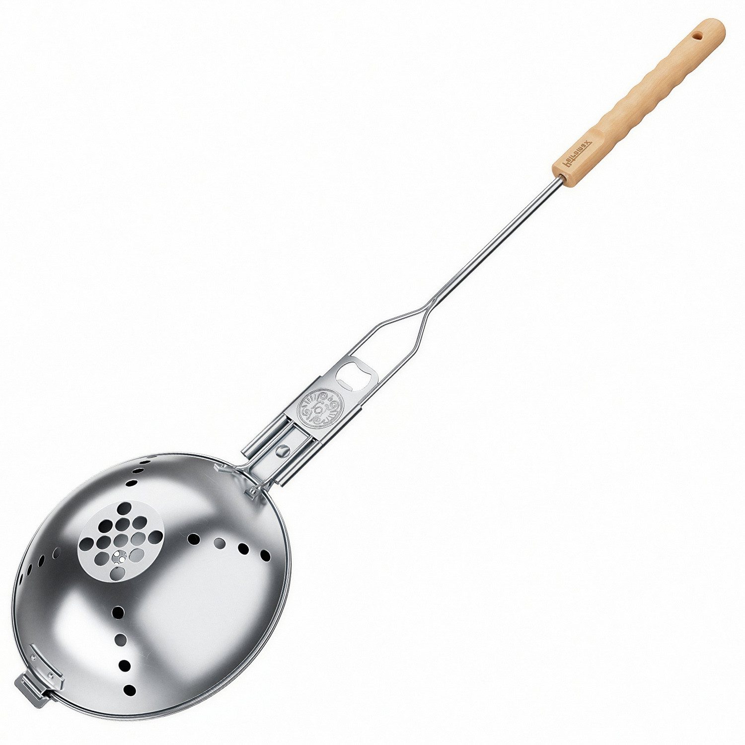 Petromax Popcorn-Pfanne Popcornmaker Popcorn am Lagerfeuer + Flaschemöffner PCMAKER, Edelstahl (1-tlg), integrierte Siebsystem in der oberen Schale