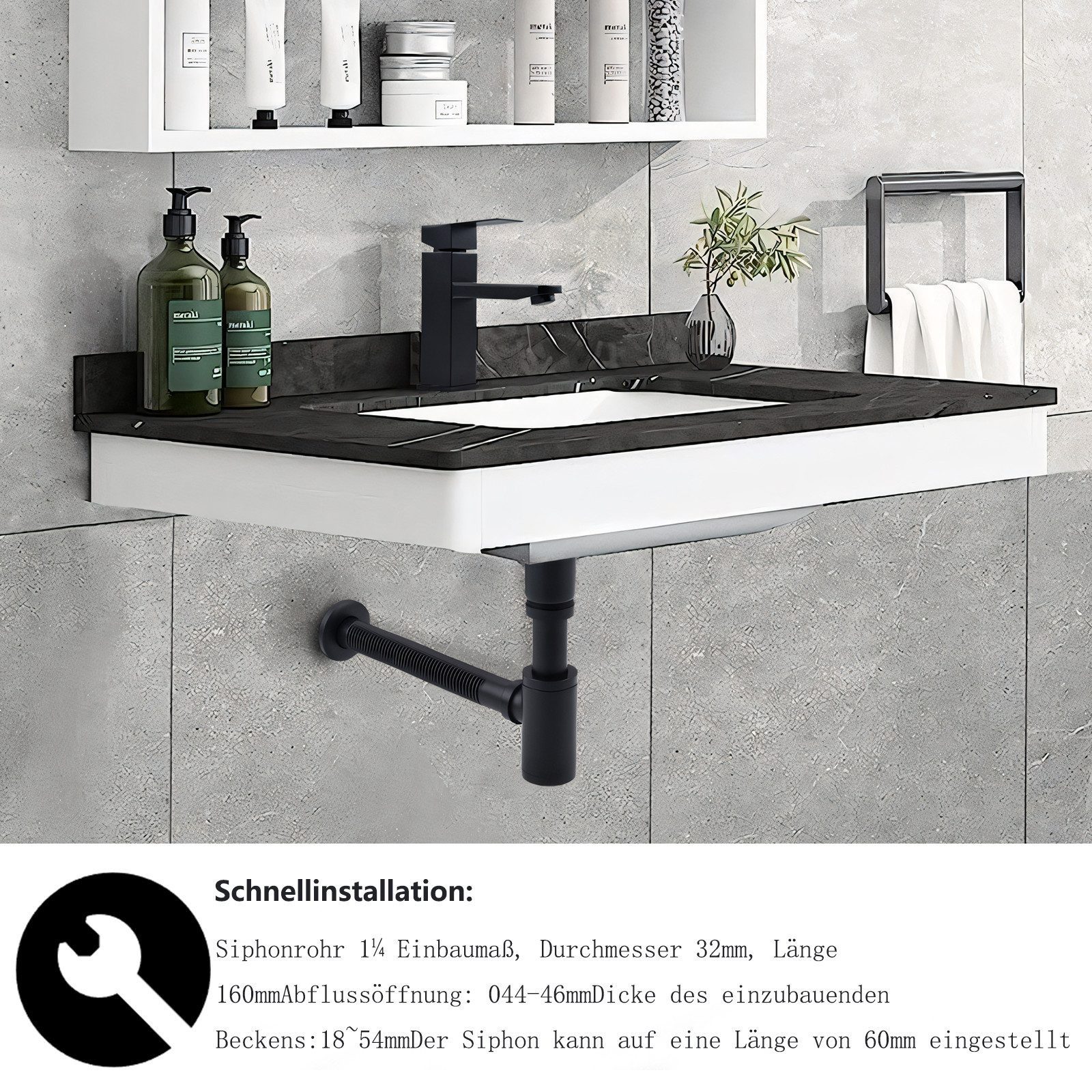 HOMELODY Ablaufgarnitur Siphon Pop Up Ablaufgarnitur mit Überlauf Universal Röhrensiphon Set Waschtisch Bad Geruchsverschluss Stöpsel Abfluss Garnitur Schwarz – Bild 3 von 5