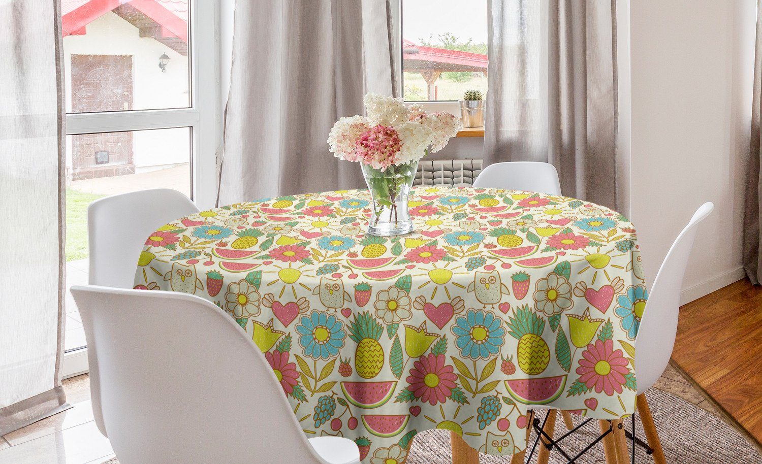 Gekritzel Esszimmer Früchte Eulen-Herz Tischdecke für Kreis Abdeckung Sun Blumen Abakuhaus Tischdecke Dekoration, Küche