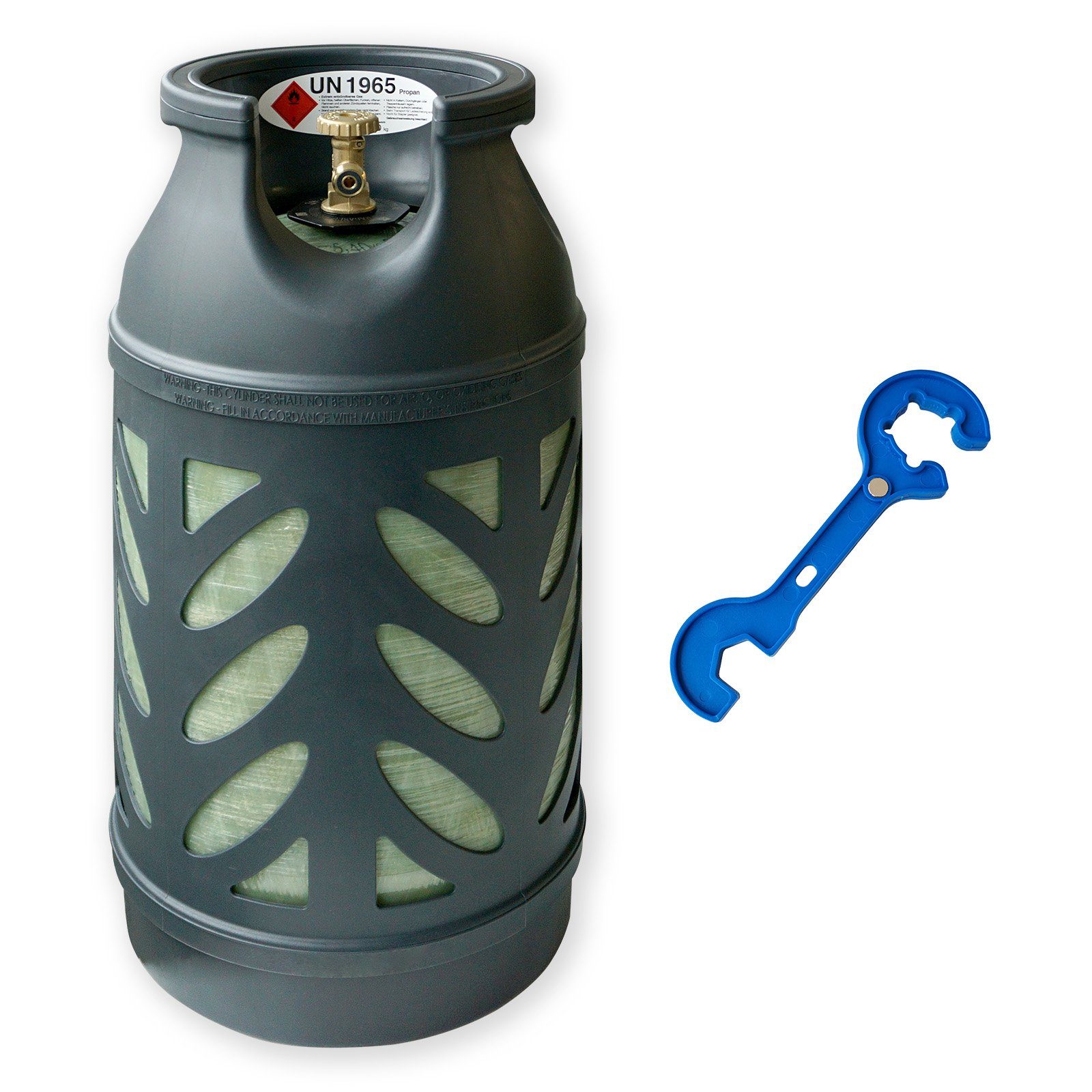 BlueCraft Gas Composite Premium 10 kg Eigentums Propan-Gasflasche ungefüllt, 10 kg Composite Gasflasche inkl. einem Gasreglerlöser +17er Schlüssel