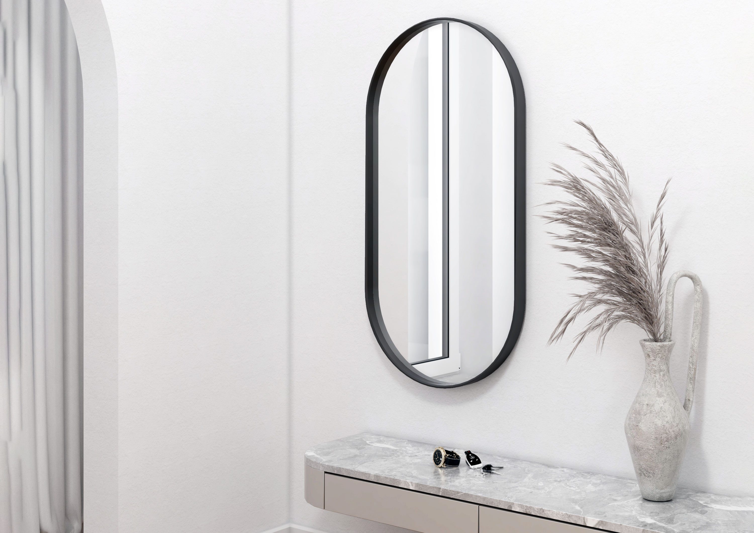 Intarbad Spiegel Design Wandspiegel mit schwarzem Alu-Rahmen, oval (50 x 100, gebürsteter Aluminiumrahmen mit 4 cm Tiefe), Vormontierter Dekospiegel, moderne filigrane Optik
