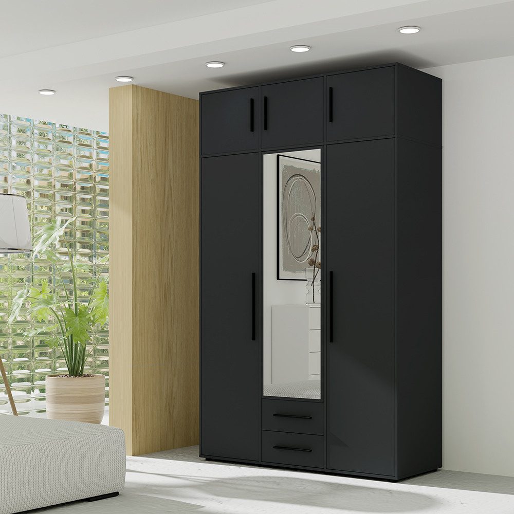 Lomadox Aufsatzschrank MOLLERUSA-132 für Kleiderschrank 150 cm breit, 3-türig, schwarz matt