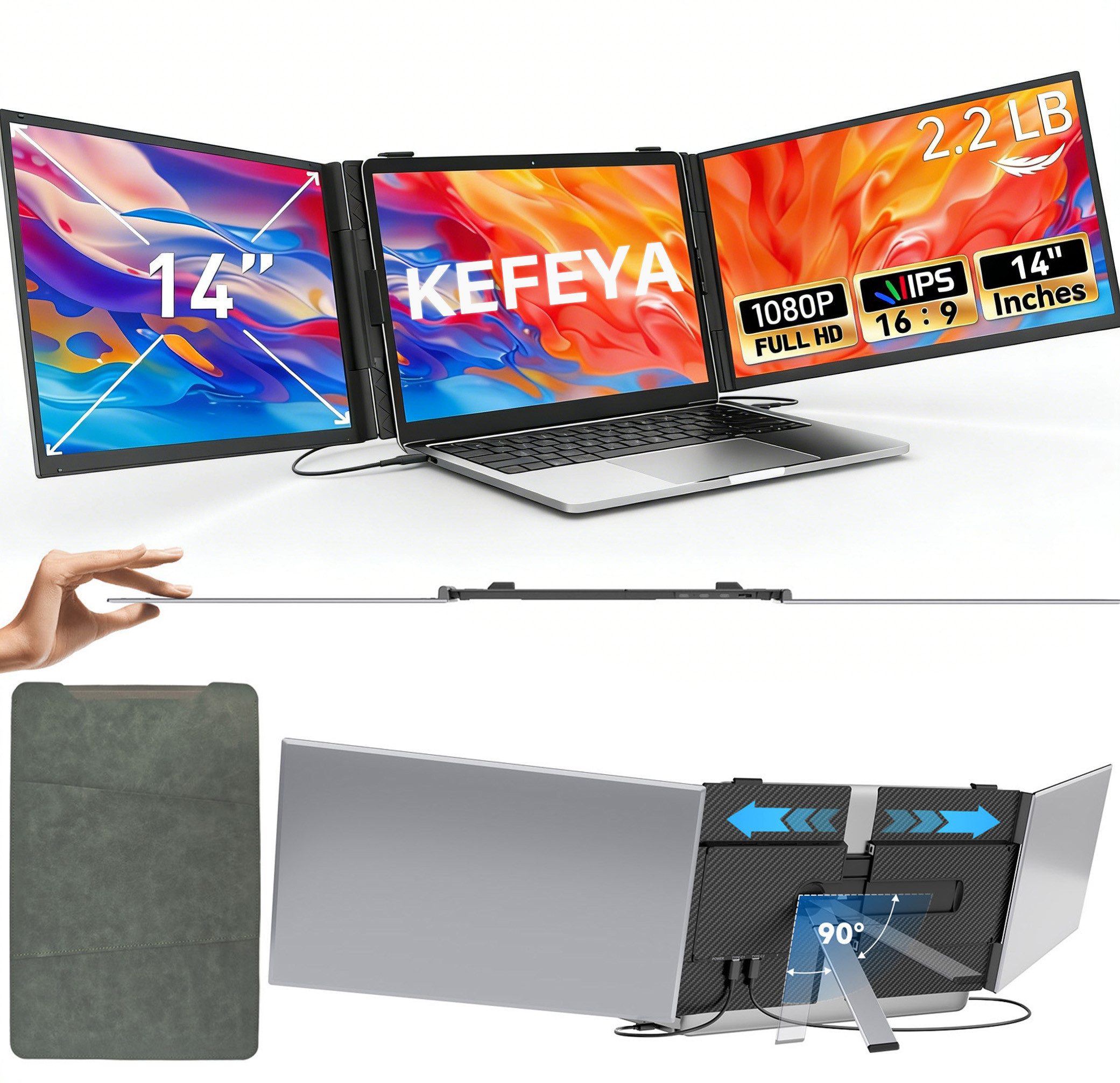 KEFEYA Ultra-dünne Gaming Monitor LED-Monitor Laptop-Bildschirm-Extender Portabler Monitor (1920x1080 px, Full HD, 60 Hz, Für Laptops von 13 bis 17,3",Kompatibel mit Mac, Windows, Chrome etc)