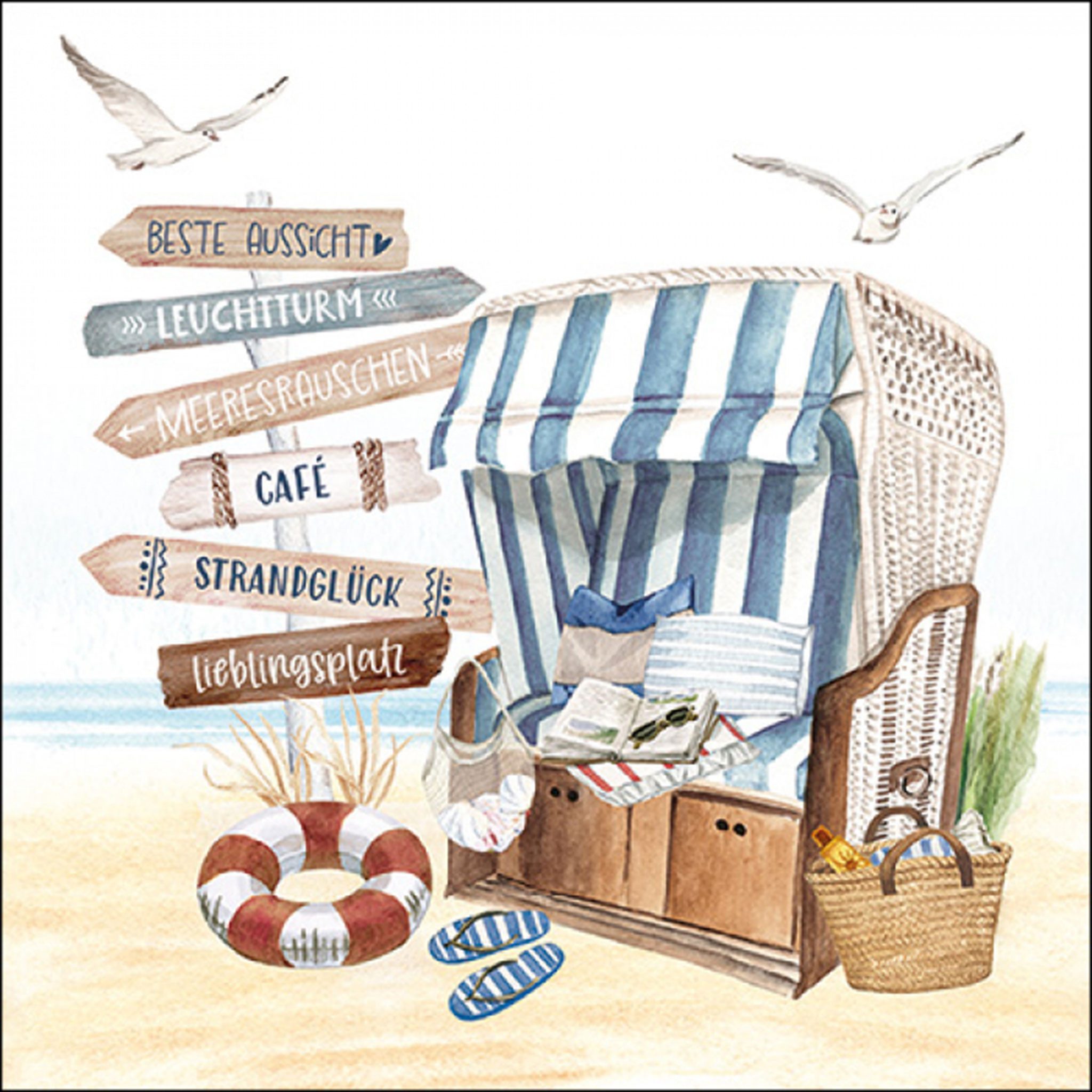 Ambiente Luxury Paper Products Papierserviette, Servietten Papier 33x33cm 3-lag. mit Strandkorb Motiv 20 Stück
