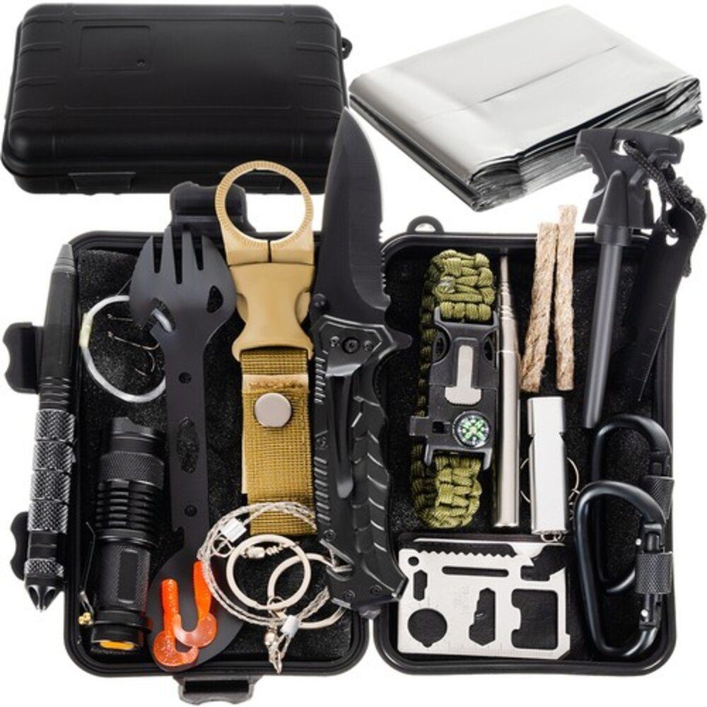 ISO TRADE Survival Knife Überlebensset 32 in 1 Survival Kit, (Spar-Set, 32 St., Überlebensset), perfekt für verschiedene Arten von Expeditionen: