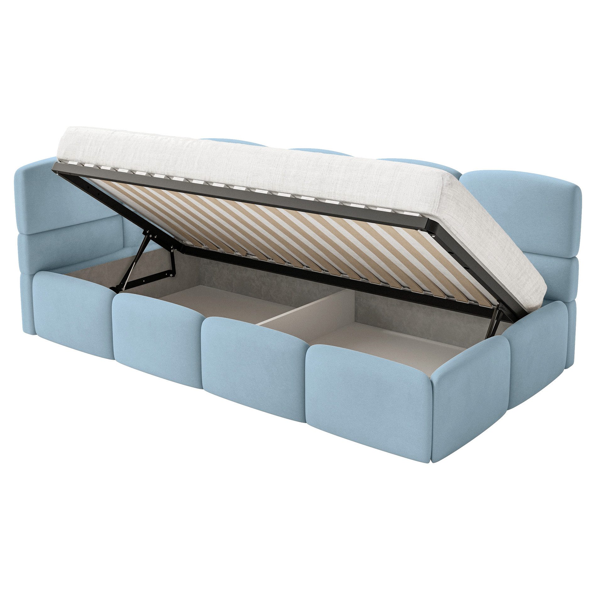 Selsey Jugendbett CLOUDY, mit Eck-Kopfteil, Lattenrost, Bettkasten und Easy-Clean-Samt, 90 cm
