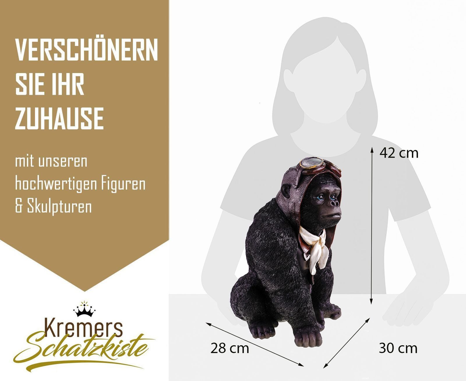 Kremers Schatzkiste Dekofigur XXL Gorilla Aviator Figur Deko Skulptur 42x28x30 cm Affe Handbemalt