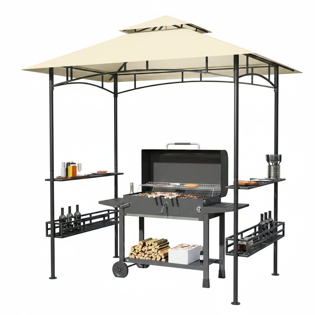 kowdom Grillpavillon 240x150 cm Doppeldach, wasserdicht & flammhemmend, Stahl, Beige, (Montage erforderlich), Doppeldach, Wasserdicht, Flammhemmend