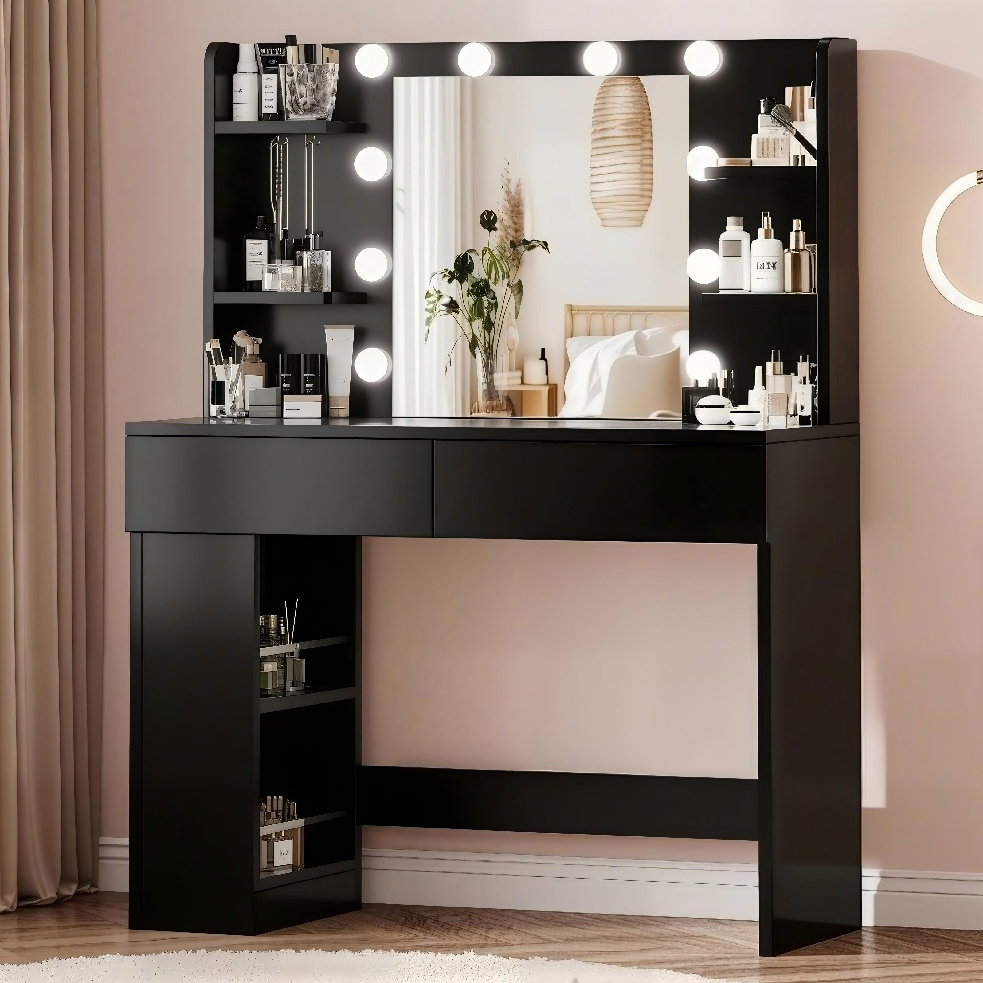 HOMALL Schminktisch mit Spiegel, LED-Beleuchtung, einstellbare Helligkeit, ostern (Langex Brete x Hthe) 90/110 x 40x 135 cm. B ofene Facher (2 seitiche Facher sind nach inks und rechts verschiebban. 2 groBe Schubladen)