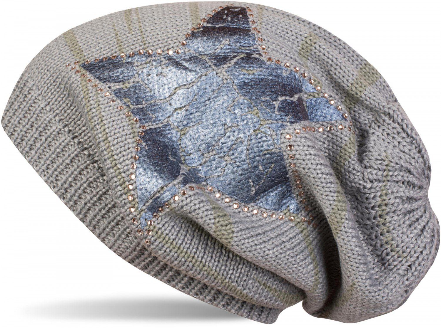 Strickmütze Feinstrick Beanie mit Stern und Strass