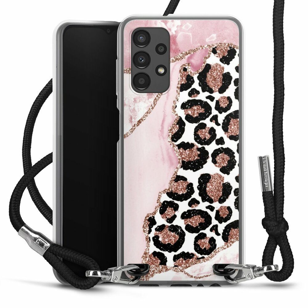 DeinDesign Handyhülle Leopard Glitzer Look Marmor Patterns and Textures Smooth Pink, Samsung Galaxy A13 4G Handykette Hülle mit Band Case zum Umhängen