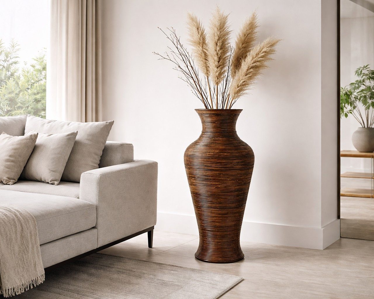 Bambus-Lounge Bodenvase Seribu Dekovase aus Rattan Höhe 125 cm Trockenblumen Pampasgras, dekorative Vase