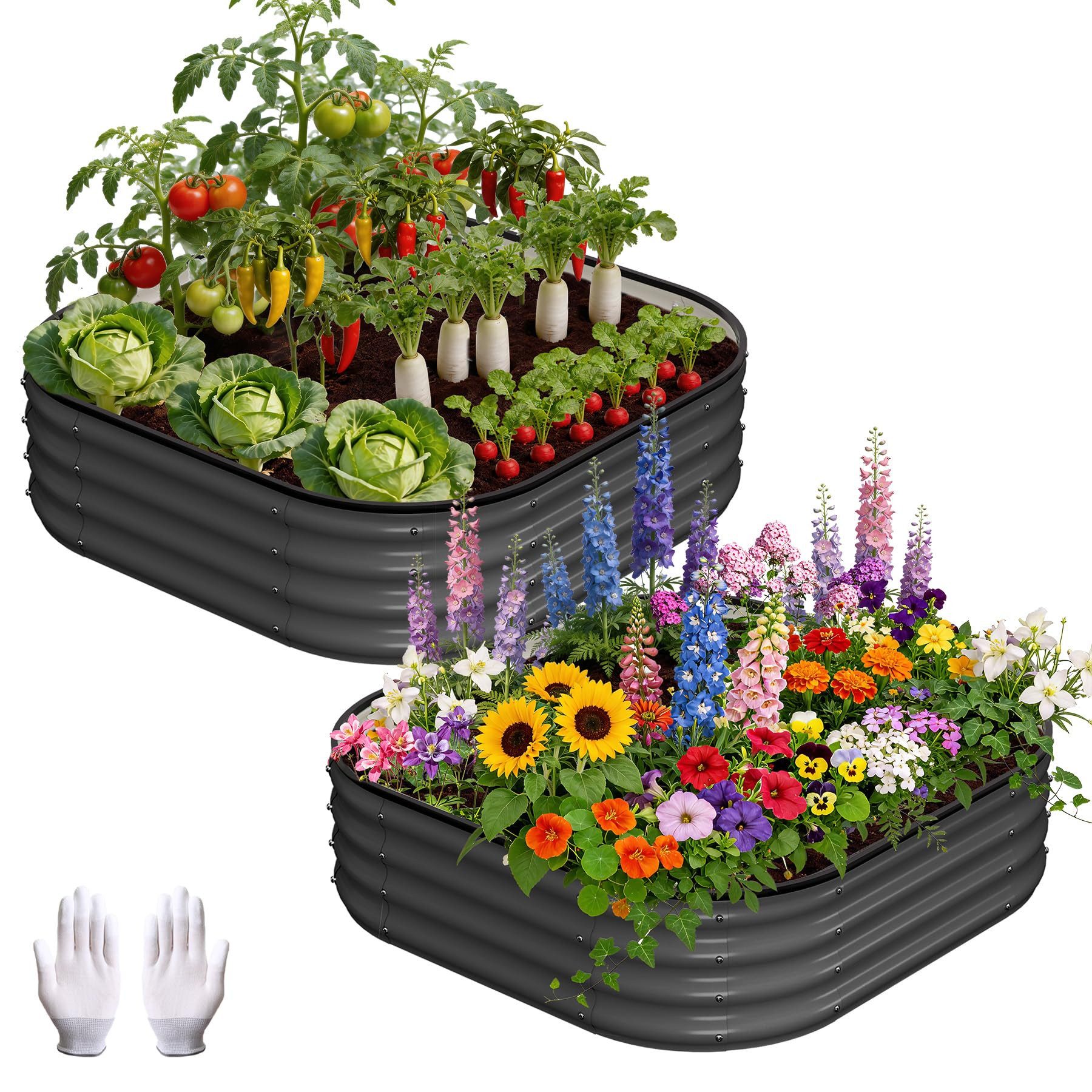 GarveeMore Beetbegrenzung Set aus 2 verzinkten Hochbeeten, 90 x 90 x 30 cm, Dunkelgrau