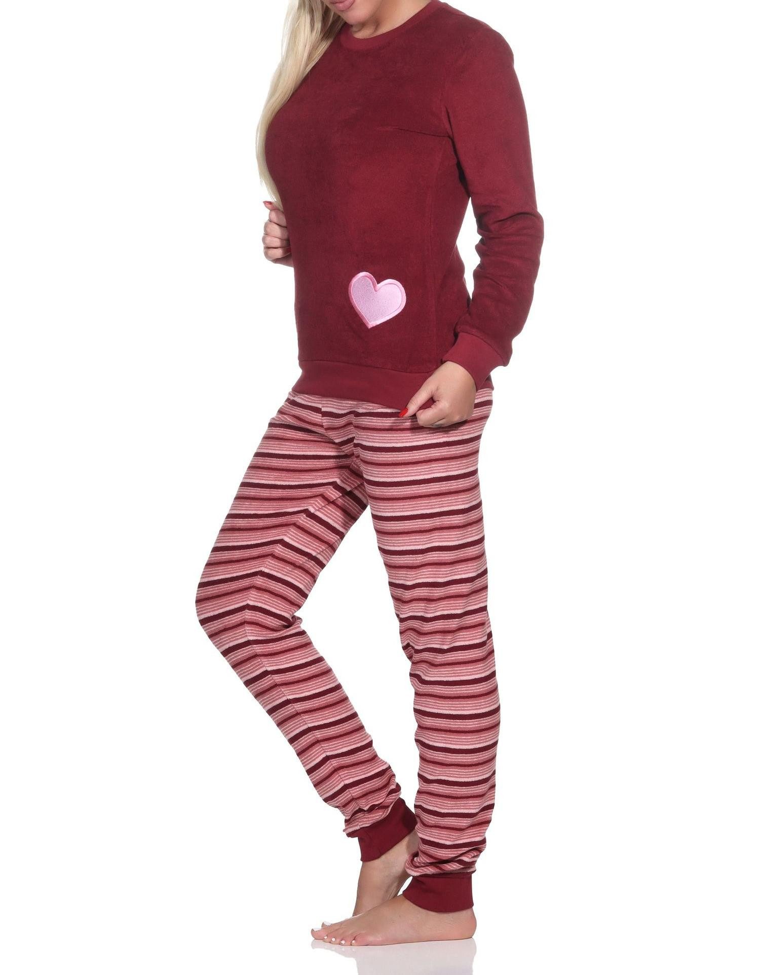 Normann Pyjama Wunderschöner Damen Frottee Schlafanzug mit Bündchen und Herz-Motiv