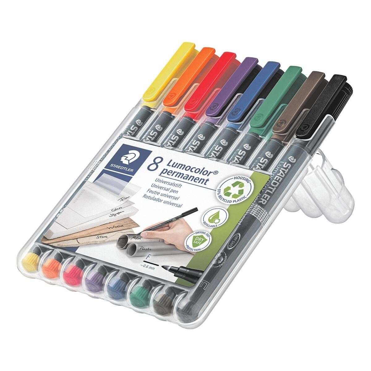 STAEDTLER Permanentmarker Lumocolor permanent F, (8-tlg), wisch- und wasserfest schwarz, rot, blau, grün, gelb, orange, violett, braun