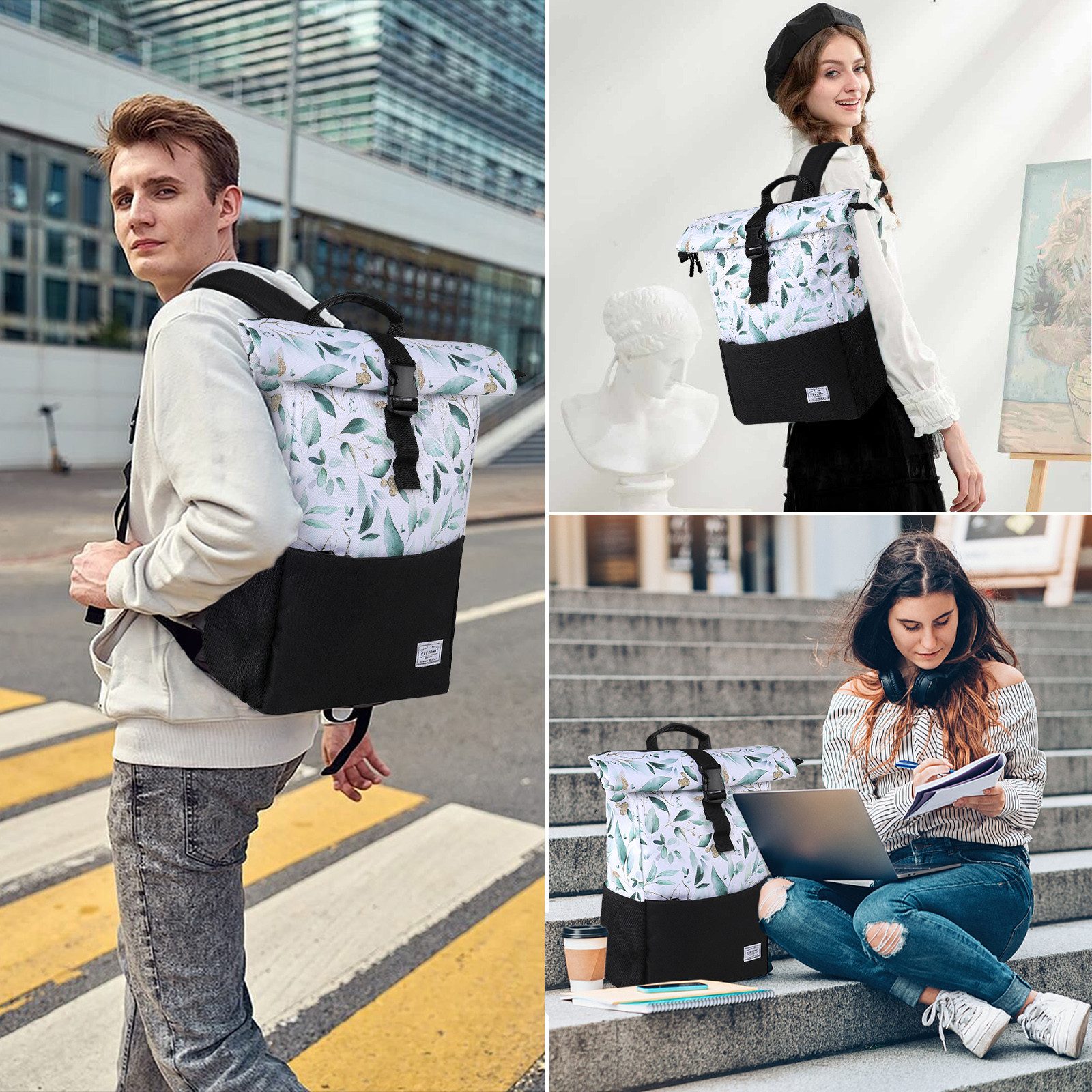 TANTOMI Freizeitrucksack Arbeitsrucksack Groß Damen lässiger Rolltop Rucksack Herren Backpack, mit Laptopfach bis 15,6 zoll und externen USB-Anschluss – Bild 2 von 5