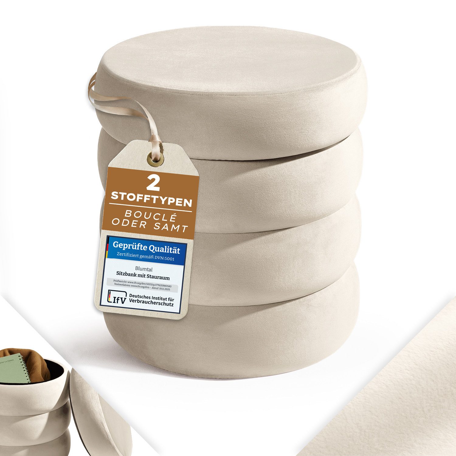 Blumtal Sitzhocker Hocker mit Stauraum mit Bouclé oder Velvet-Bezug, robuste Sitztruhe mit Stauraum und extrem Dickes MDF