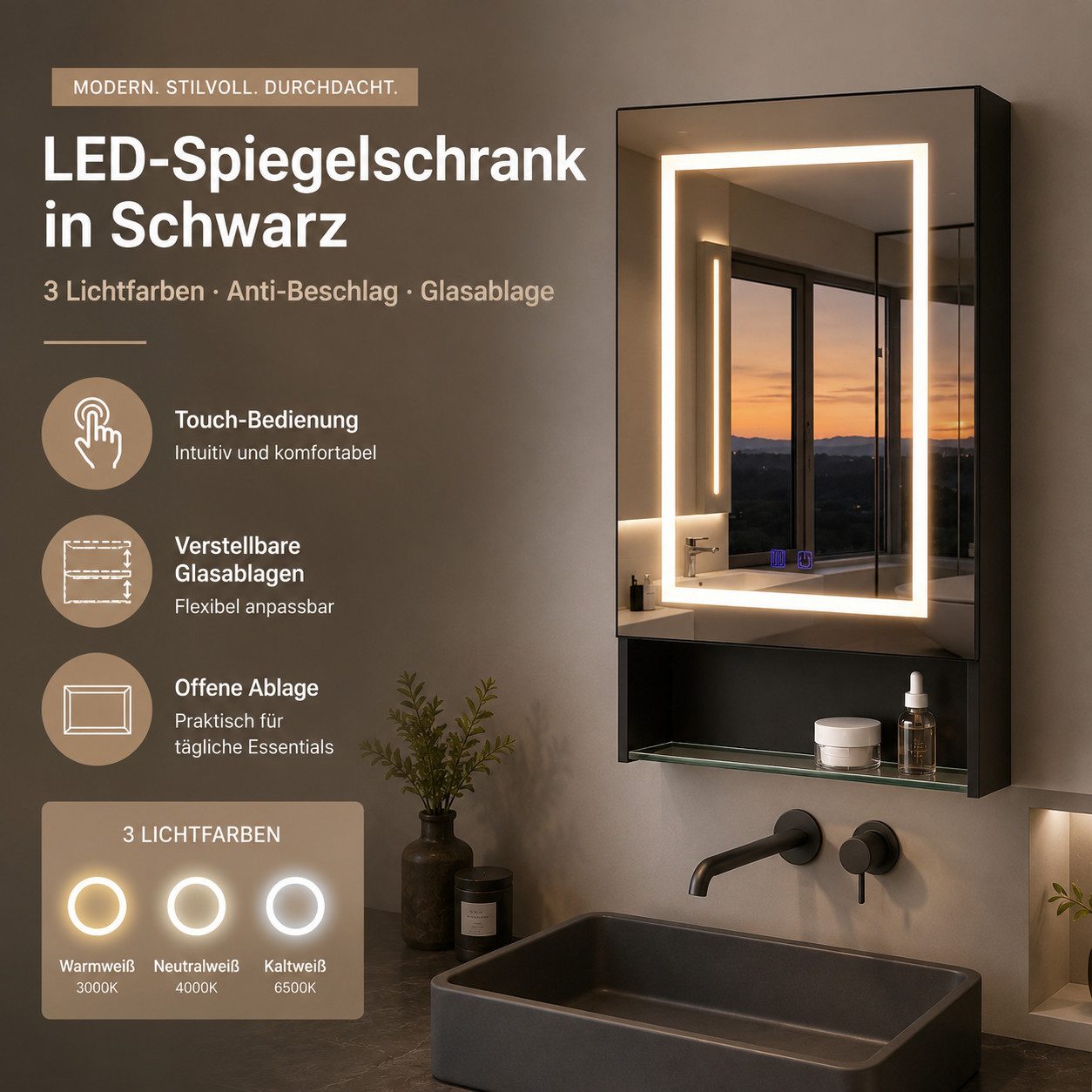 Simurq Badezimmerspiegelschrank LED Spiegelschrank 50 cm schwarz 1-türig Anti-Beschlag (Einzelartikel, 1-St., 1 Spiegelschrank) 3 Lichtfarben, offene Glasablage