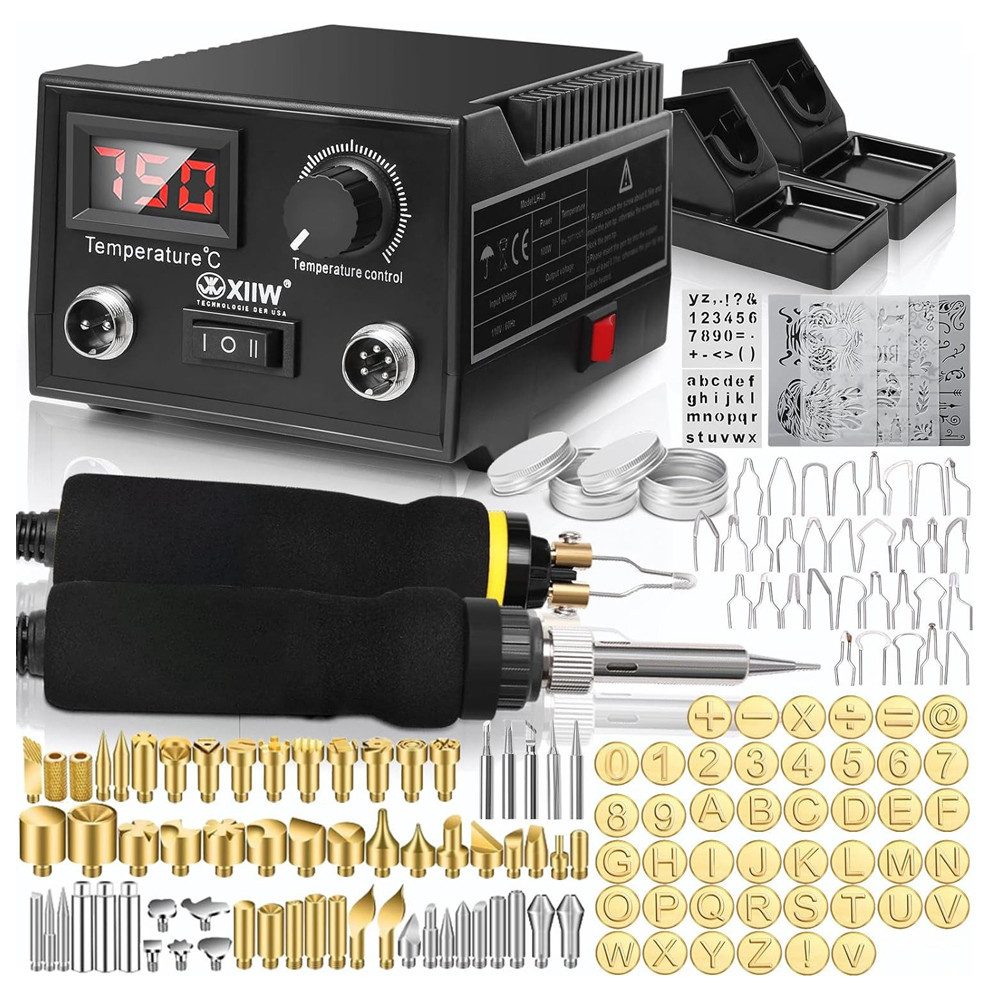 XERSEK Kreativset Brandmalstation, 100W Brandmalerei und Lötkolben set, 5x Lötspitzen, (Zwei Stift Holzbrenner Brennkolben Brandmalgeräte, 165-tlg., Brandmalgeräte, Lötstation Lötset Soldering Iron), Temperatur Einstellbar 0-750°C