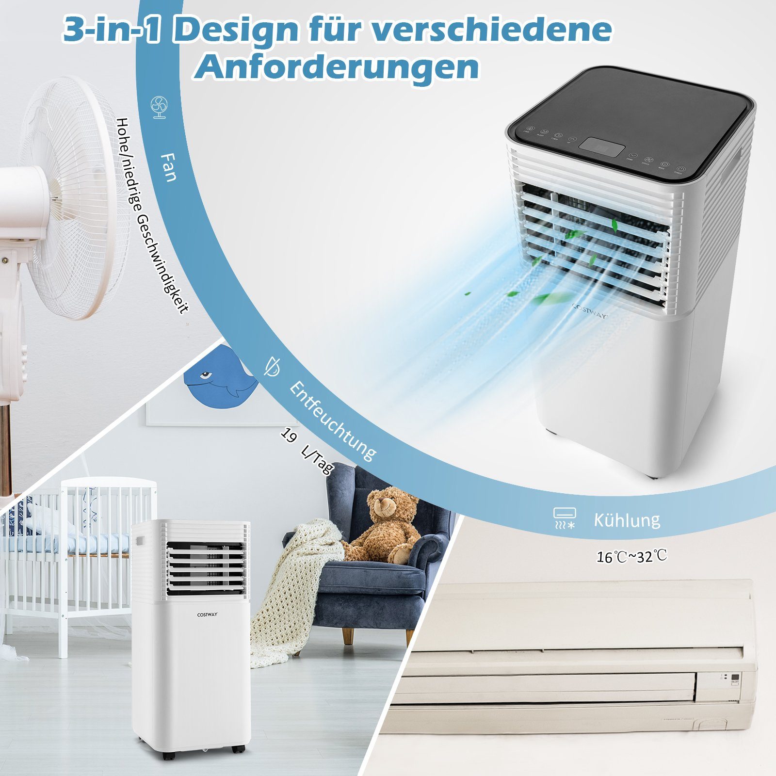 COSTWAY 3-in-1-Klimagerät, 7000BTU/2,1kW, Fernbedienung, 16℃-32℃ 39m³, Schwarz+Weiß