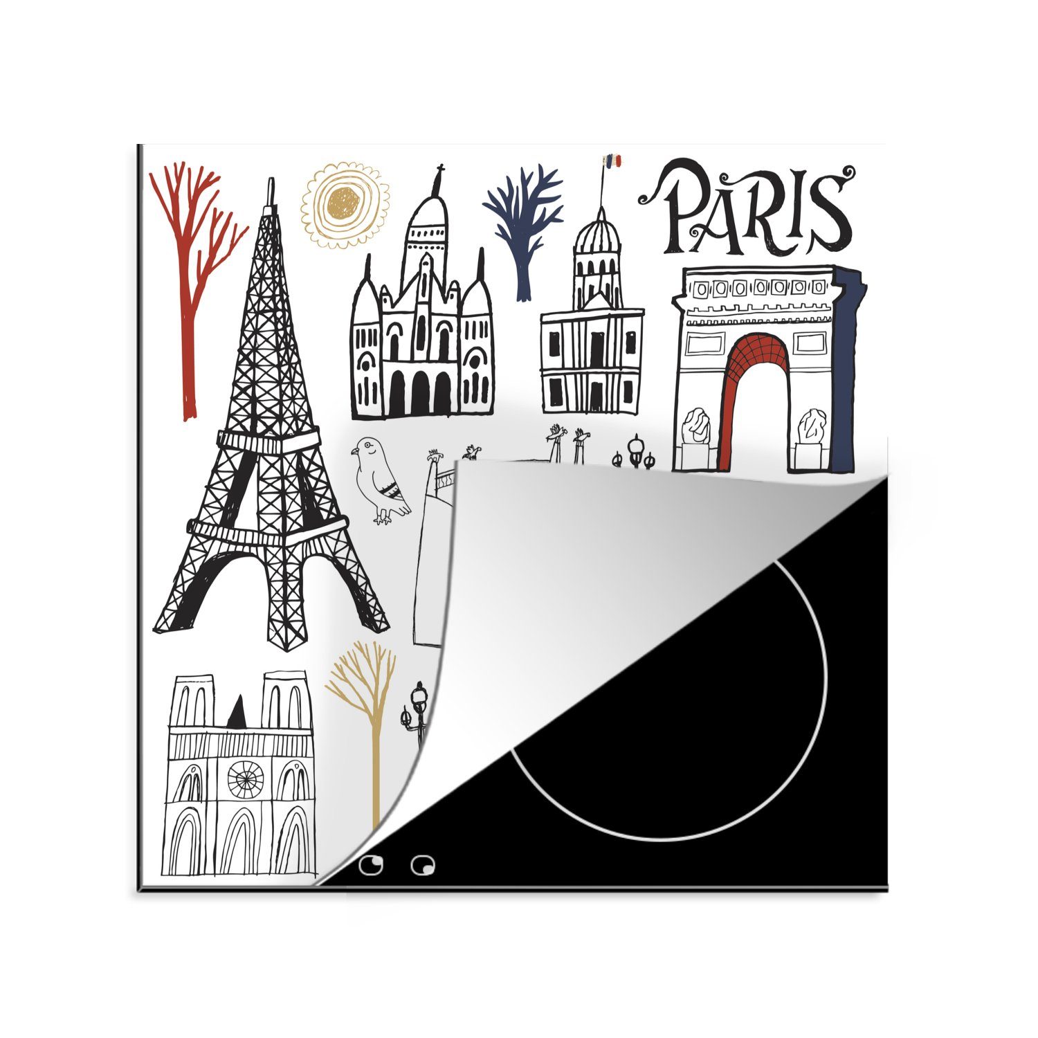 MuchoWow Herdblende-/Abdeckplatte Paris - Eiffelturm - Zeichnung, Vinyl, (1 tlg), 78x78 cm, Ceranfeldabdeckung, Arbeitsplatte für küche