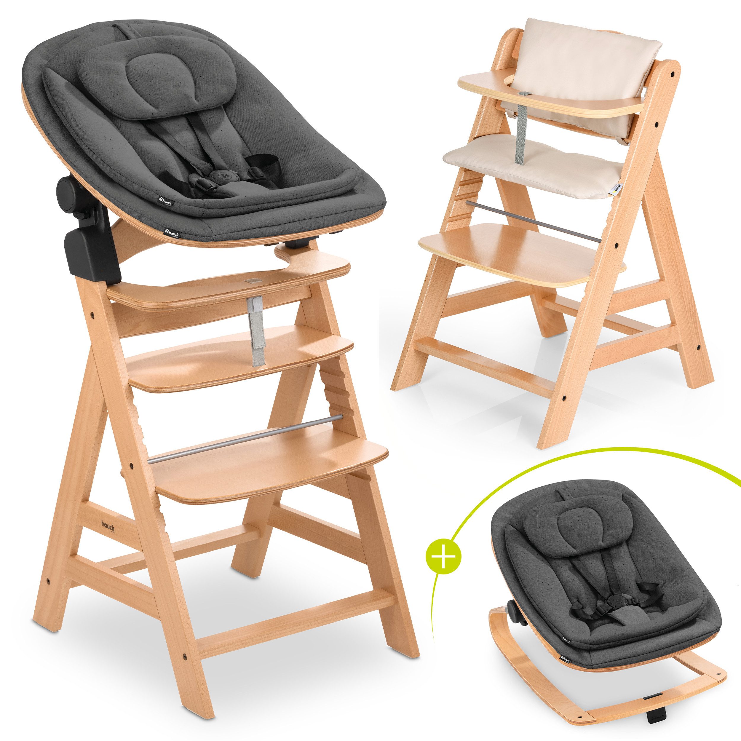 Hauck Hochstuhl Alpha Plus Newborn Set - Natur, Holz Babyhochstuhl ab Geburt inkl. Neugeborenenaufsatz & Sitzauflage