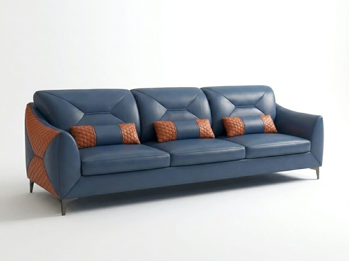 Xlmoebel Wohnlandschaft Modernes blaues 3-Sitzer Polstersofa aus Kunstleder mit Kissen, 1 Teile, Made in Europa