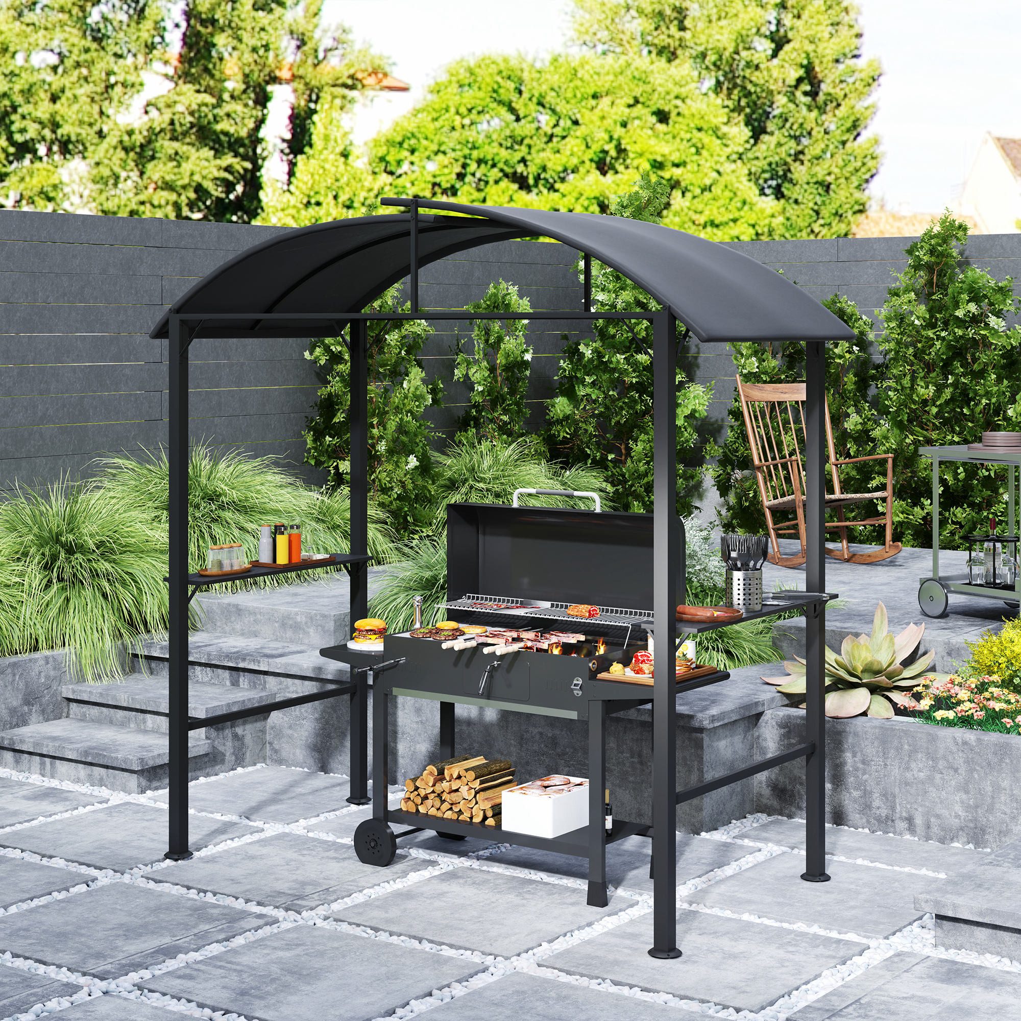 Outsunny Grillpavillon 1,1 x 2,3m BBQ Grillüberdachung, mit Haken, 2 Seitenablagen, Stahl, (Gartenpavillon, Gartenlauben), für Party BBQ, Dunkelgrau