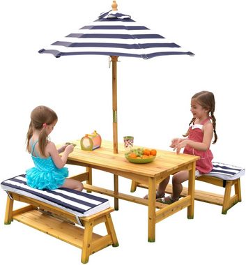 KidKraft® Kindersitzgruppe Gartentischset hellbraun, mit Sitzauflagen und Sonnenschirm, marineblau-weiß gestreift