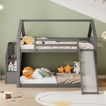 Ulife Hausbett Etagenbett Kinderbett mit Stauraumtreppe und Rutsche, 140x200cm, Kinderbett mit Geländer