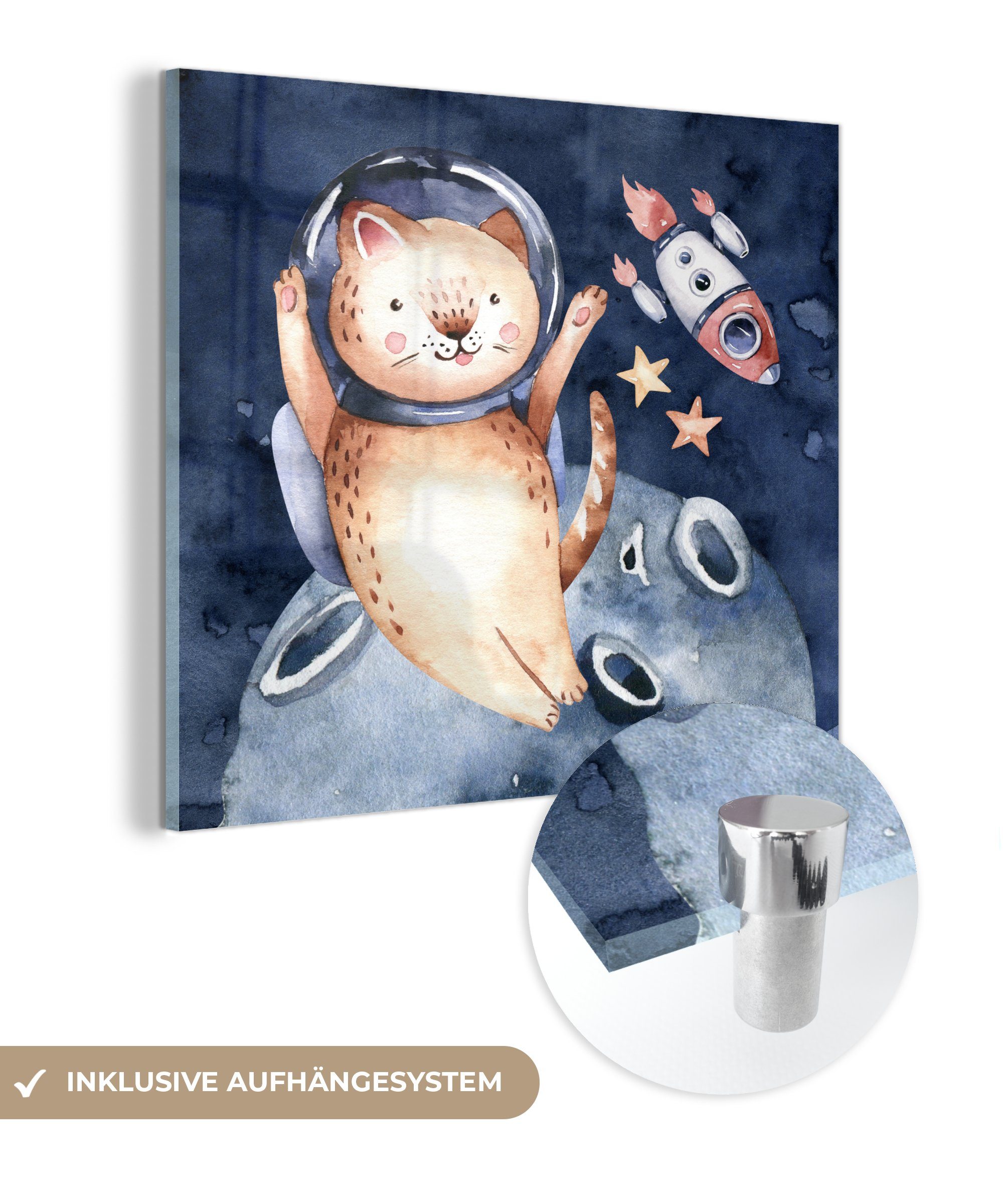 MuchoWow Acrylglasbild Weltraum - Rakete - Katze - Kind - Jungen - Mädchen - Kinder, (1 St), Glasbilder - Bilder auf Glas Wandbild - Foto auf Glas - Wanddekoration
