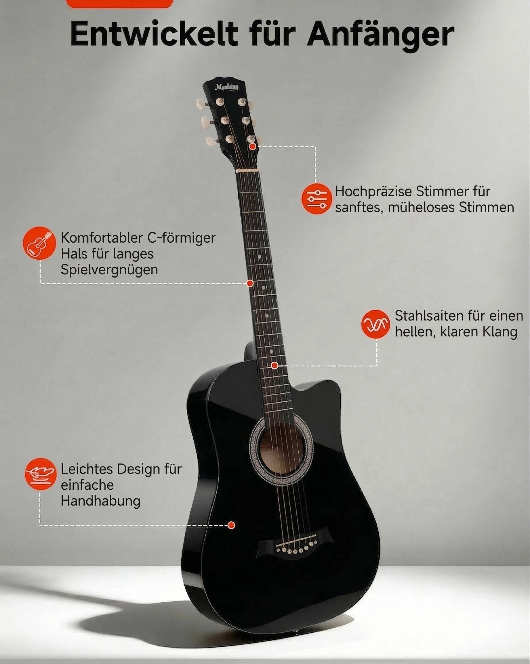 Moukey Akustikgitarre 38 Zoll für Anfänger, komplettes Gitarren Set mit Tasche, Plektren, Dreadnought, Tragetasche, Plektren, Ersatzsaiten, Gurt, Leicht und tragbar