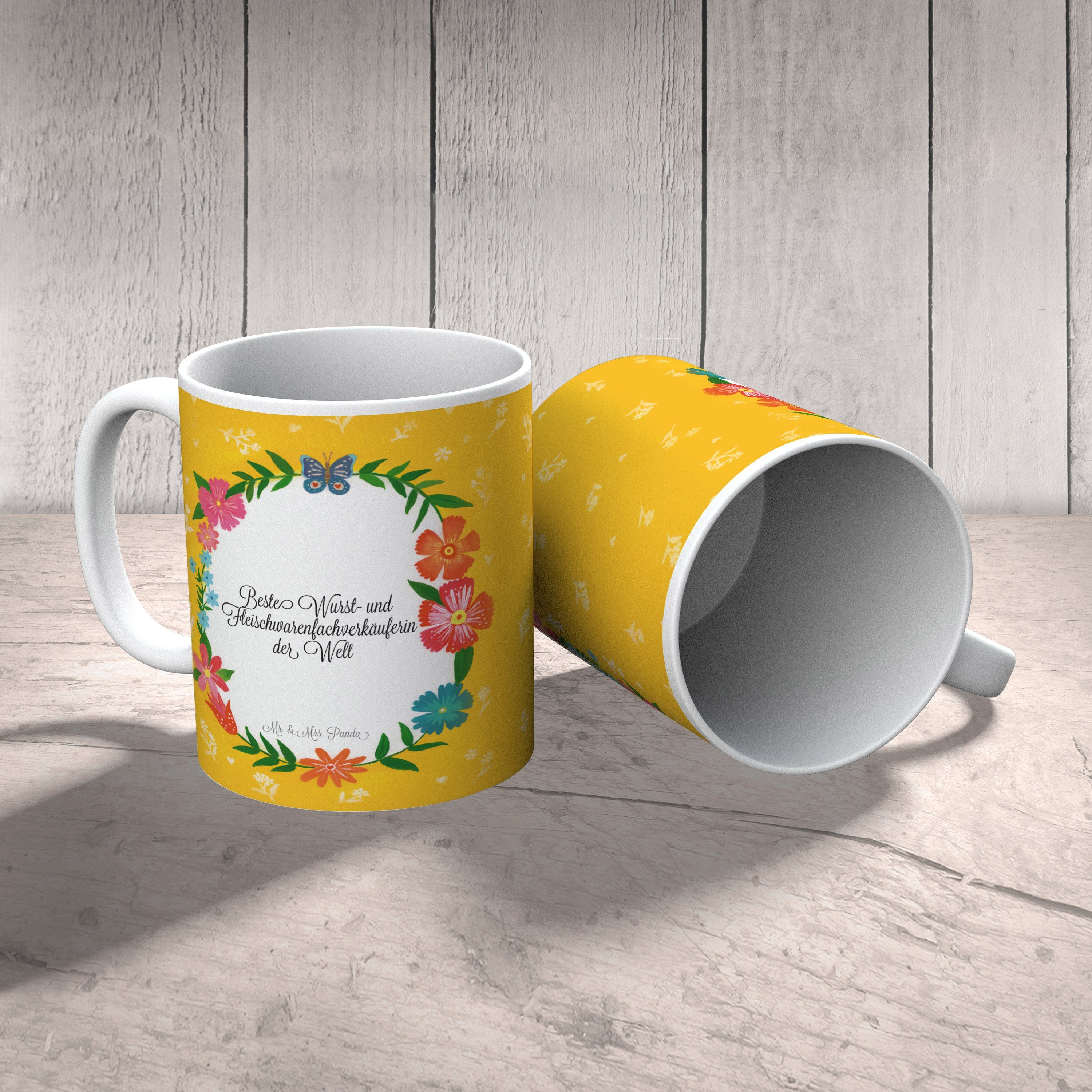 Mr. & Mrs. Panda und Geschenk, Kaffe, Wurst- Fleischwarenfachverkäuferin - Gratulation, Keramik Tasse