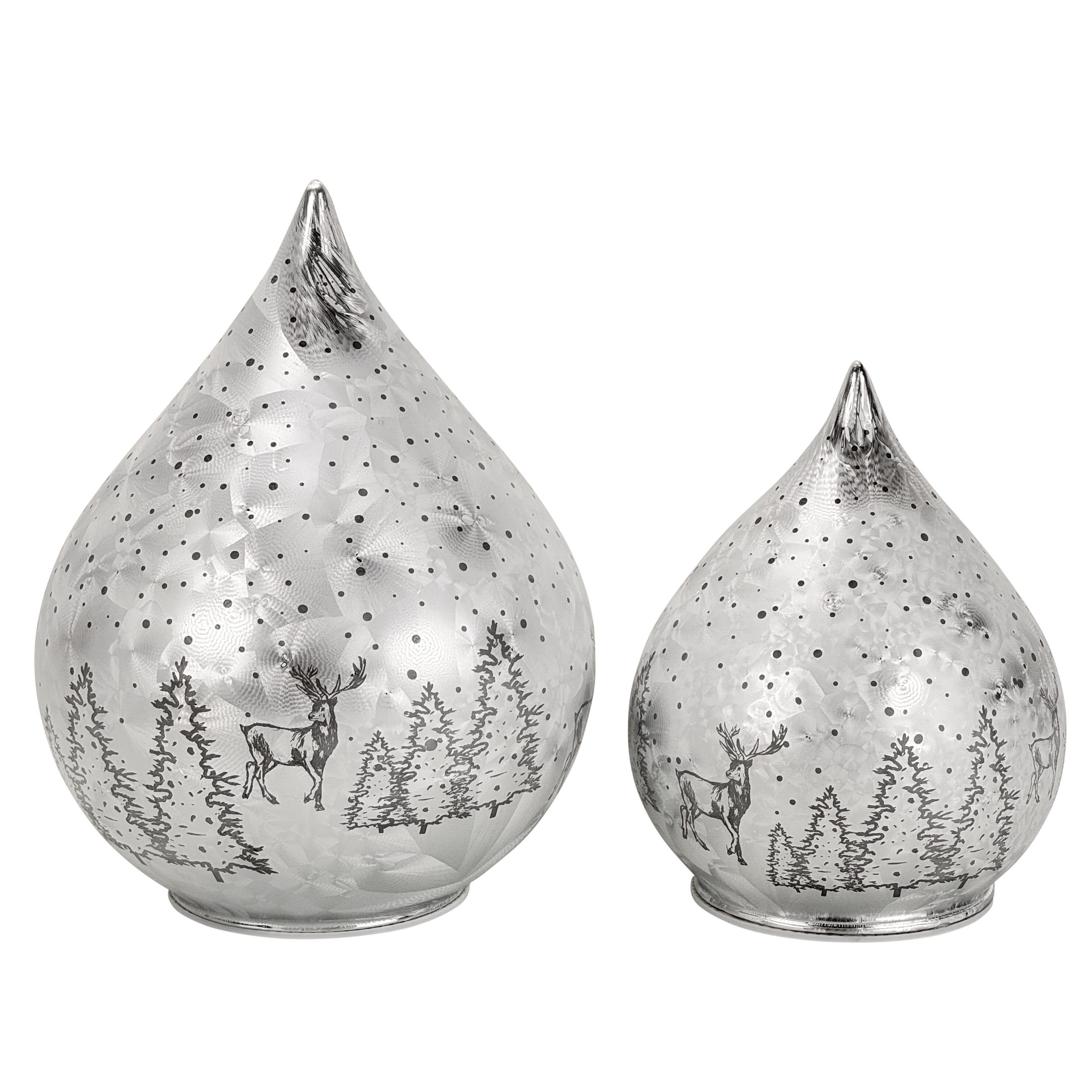 Online-Fuchs LED Dekolicht 2 Glastropfen im Frosty-Stil mit Timer - Stimmungslicht Winterwald, Lichterkette im Dauerleuchten oder seichten Funkeleffekt, warmweiß, Dekoration für Herbst, Winter und Weihnachten