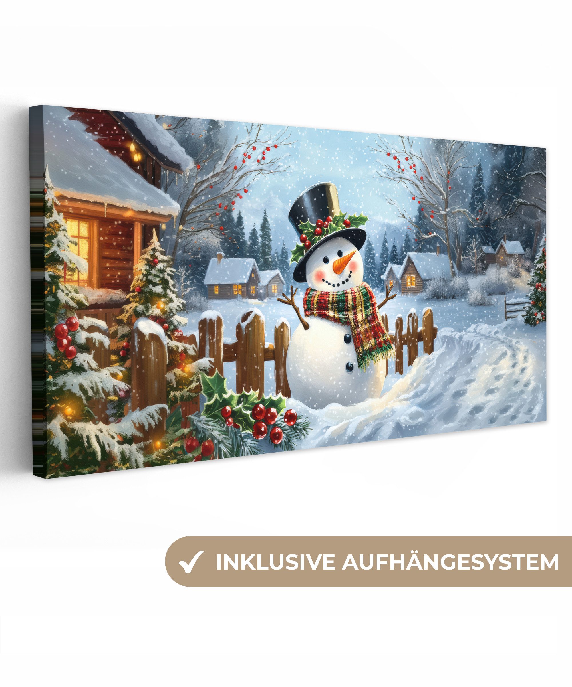 OneMillionCanvasses® Leinwandbild Panorama Schneemann - Winterdorf - Farben günstig online kaufen