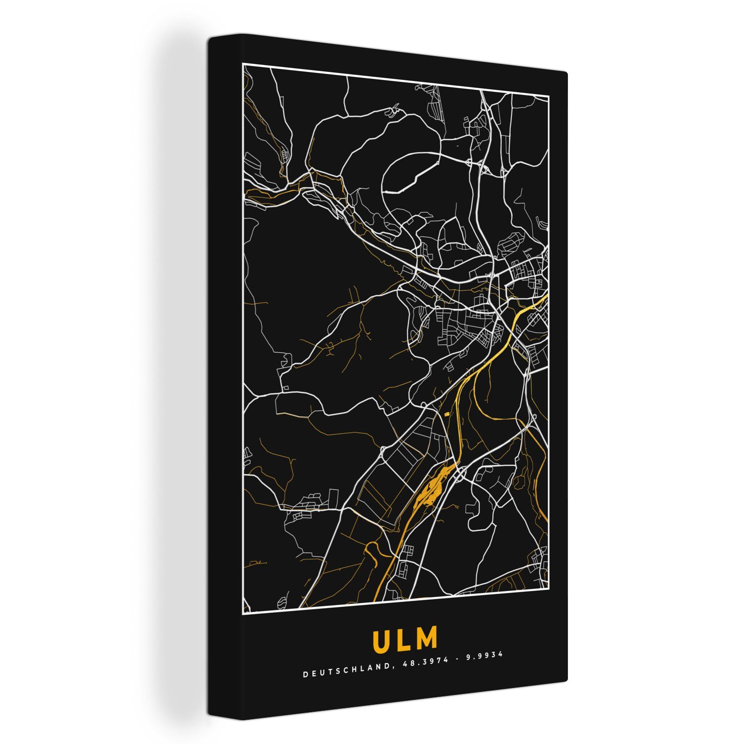 cm Gemälde, - 20x30 Karte Deutschland, - - Ulm St), OneMillionCanvasses® Zackenaufhänger, Leinwandbild Leinwandbild Gold (1 fertig bespannt Stadtplan inkl. -
