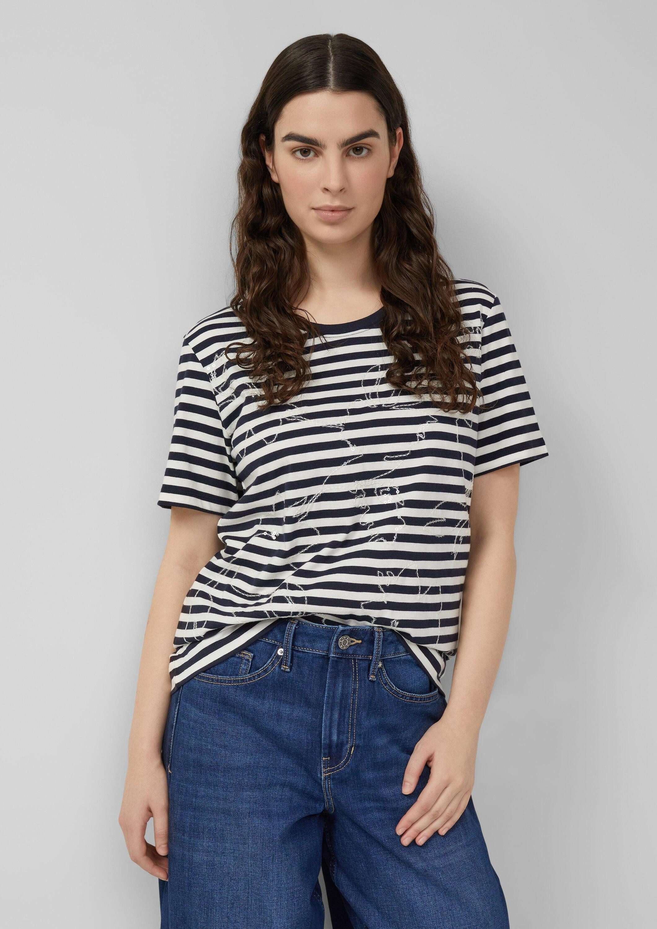 s.Oliver Kurzarmshirt T-Shirt Gestreiftes Baumwoll-T-Shirt mit Pailletten