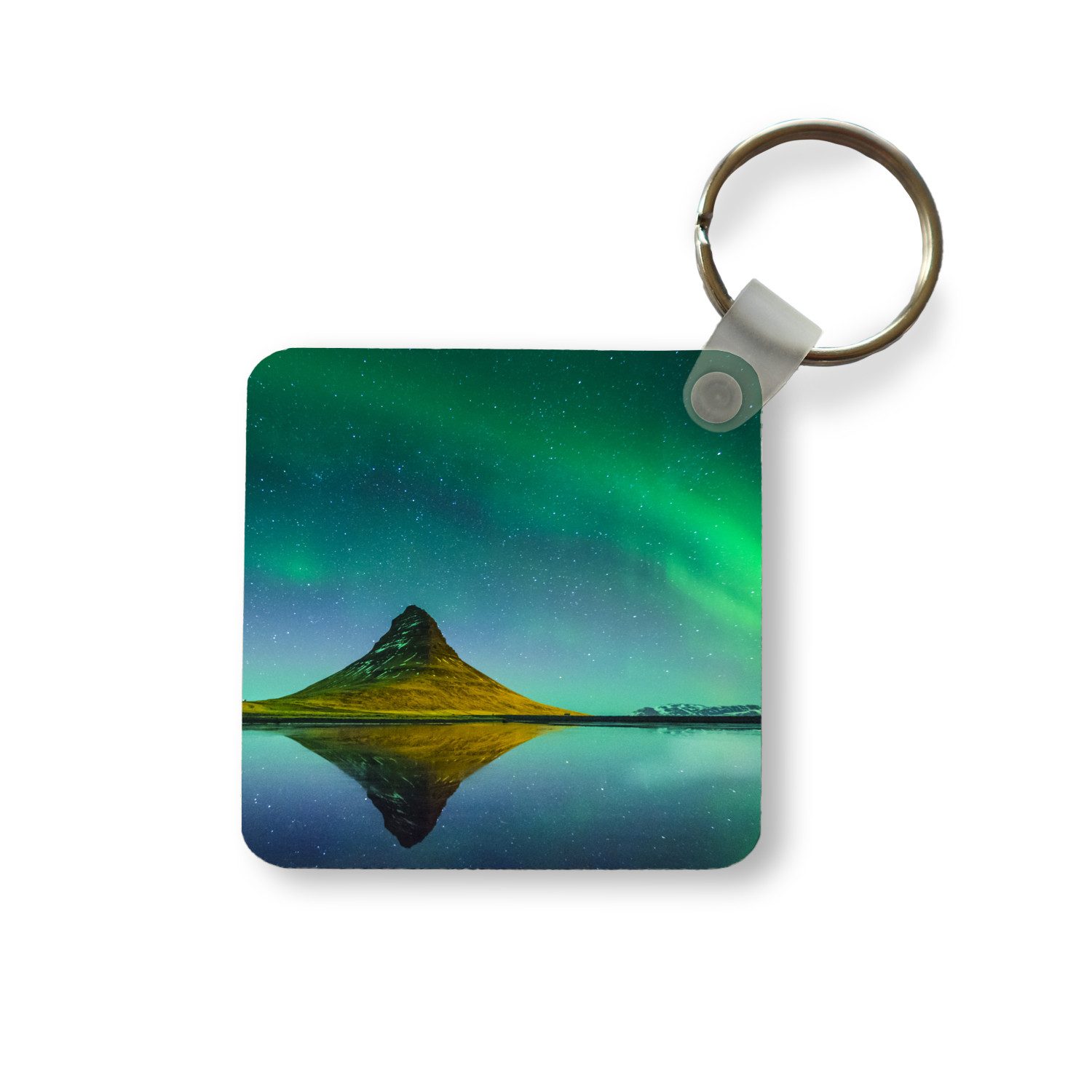 MuchoWow Schlüsselanhänger Nordlicht - Berge - Wasser - Island - Natur, Quadratisch, Accessoire Auto / Haus / Rucksack / Handtasche, 5x5 cm