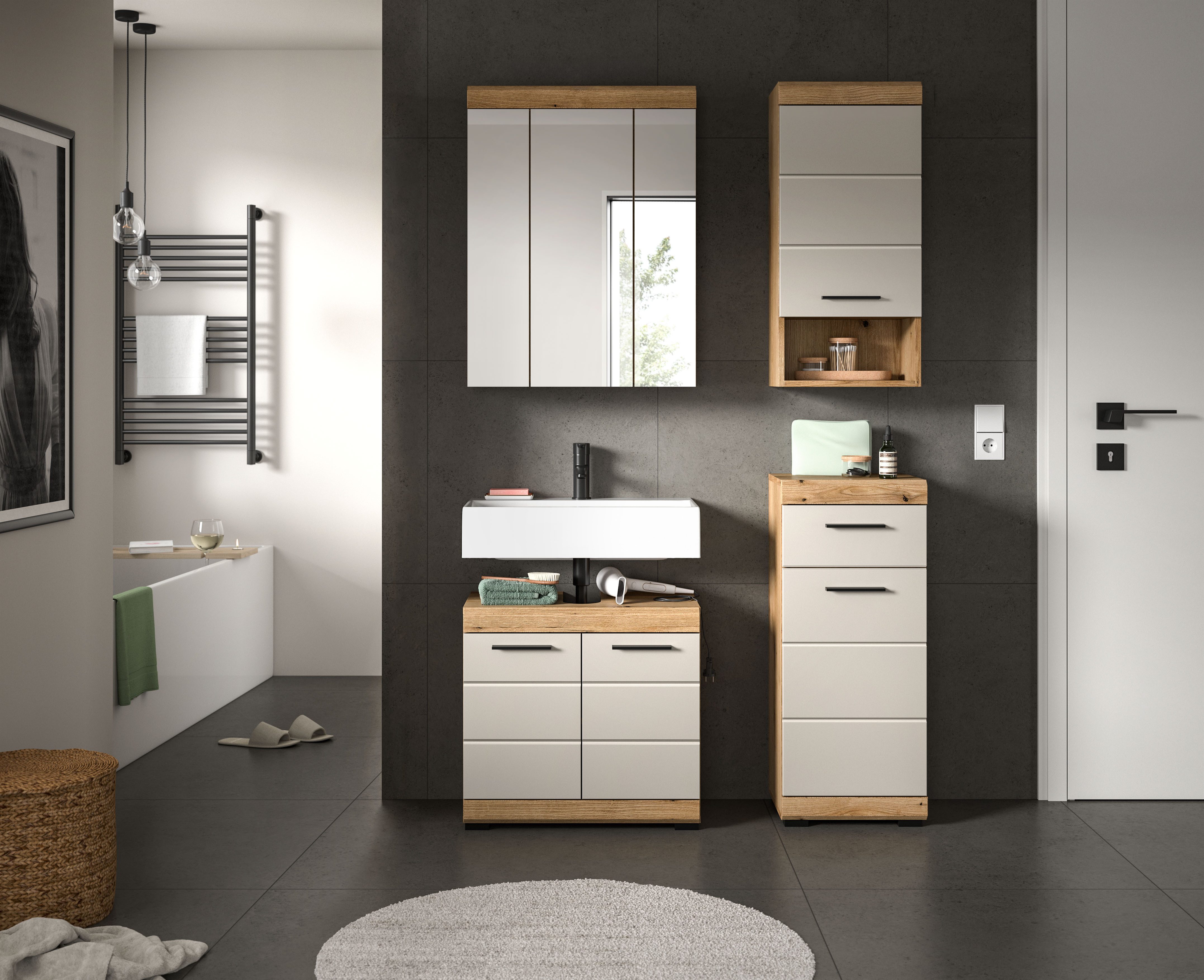 welltime Badmöbel-Set SIENA, 4 teilig, bestehend aus:, (Set, 4-St., TOPSELLER), Waschbeckenunterschrank, Spiegelschrank, Unterschrank, Hängeschrank