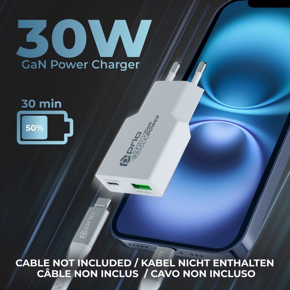 prio prio Ladegerät GaN POWER 30W PD PPS (USB C) + QC 3.0 (USB A) weiß Smartphone-Ladegerät (1-tlg)