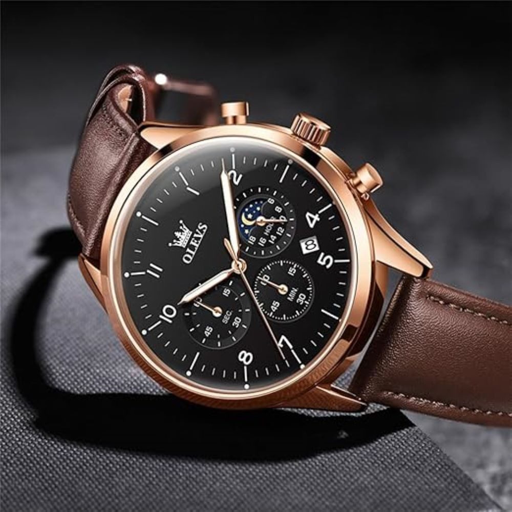 OLEVS Quarzuhr Herren Olevs Chronograph Uhr mit Tag & Nacht Anzeige, Lederarmband
