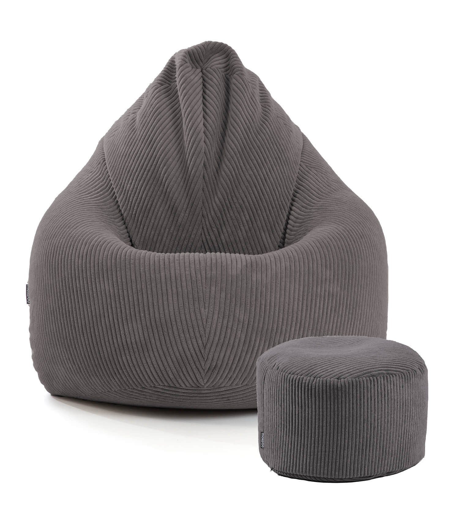 mokebo Sitzsack Der Tagträumer (mit Hocker), Bean Bag mit Pouf in Anthrazit, Sitzkissen mit Puff aus Cordstoff