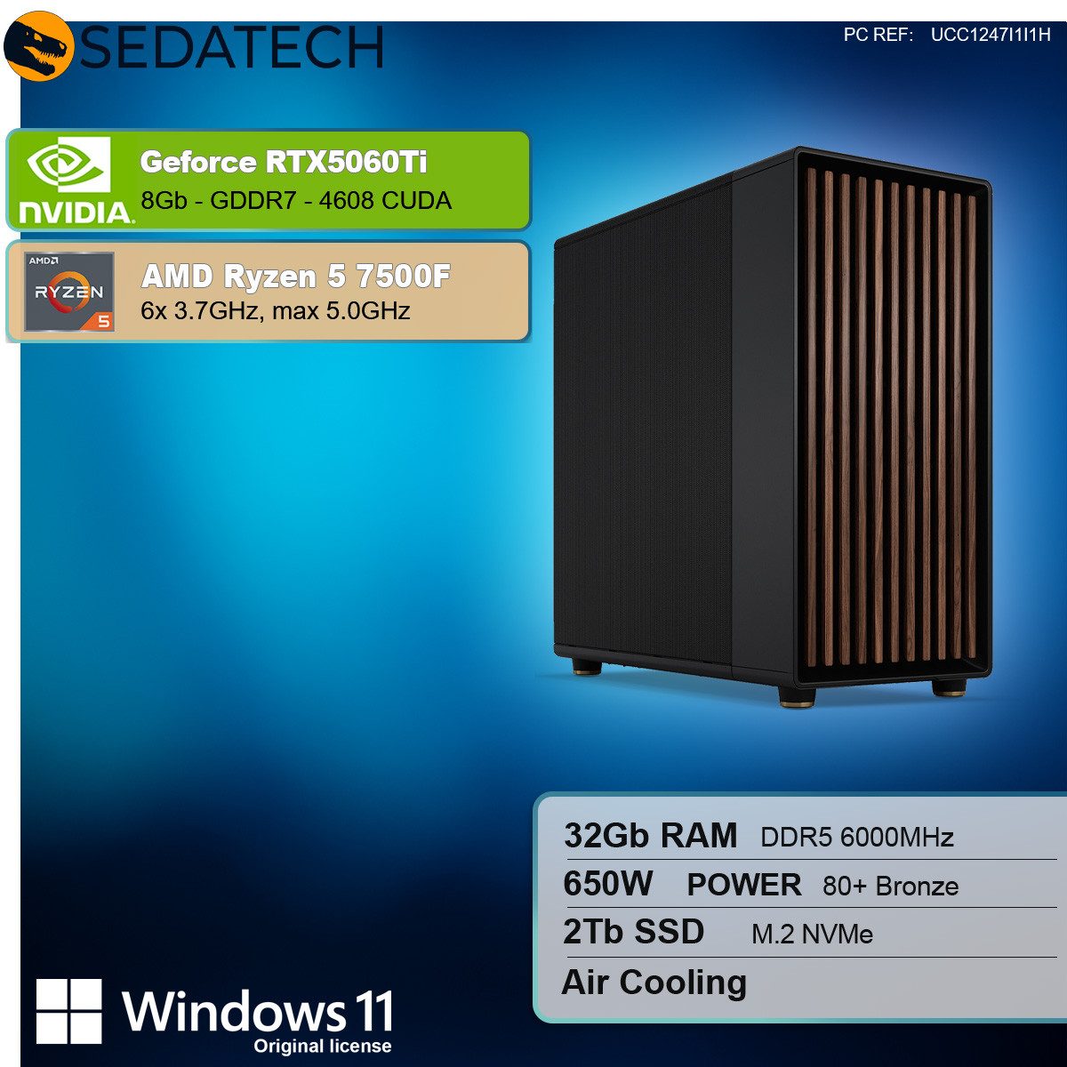 Sedatech UCC1247I1I1HF - Workstation Business-PC (AMD Ryzen 5 7500F 6x 3.7GHz (max 5.0GHz), Geforce RTX5060Ti 8GB, 32 GB RAM, 2000 GB SSD, Wlan 6E)