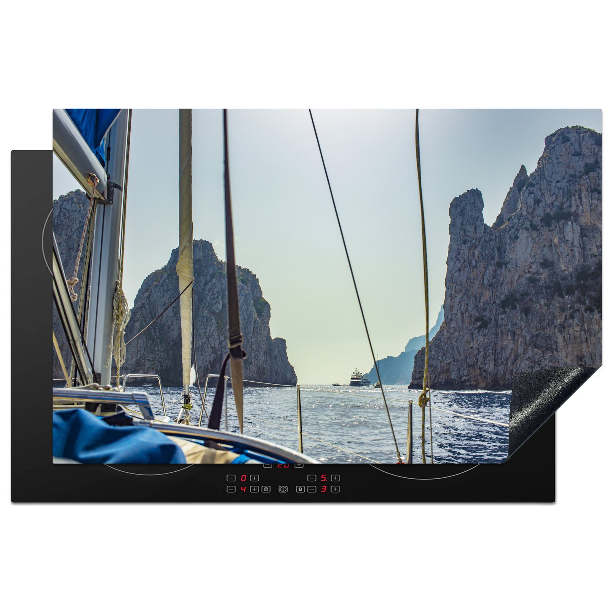 MuchoWow Herdblende-/Abdeckplatte Foto vom Segelboot aus von der Küste von Capri in Italien, Vinyl, (1 tlg), 81x52 cm, Induktionskochfeld Schutz für die küche, Ceranfeldabdeckung
