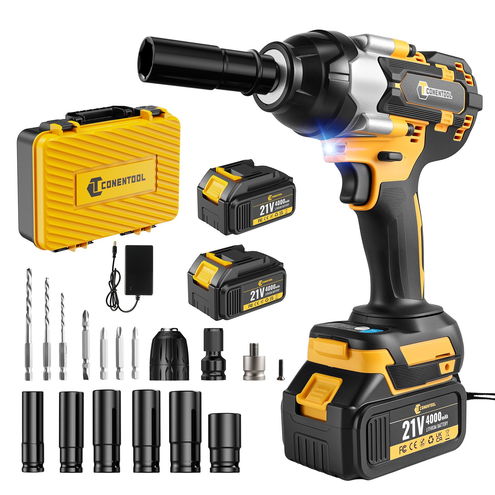 CONENTOOL Akku-Schlagschrauber 1200Nm, 1/2 Zoll Bürstenloser Ударный гайковерт, 4600 U/min, 1200 Nm, (Set, 19-tlg), mit 2x Akku & Koffer für Haus und Auto